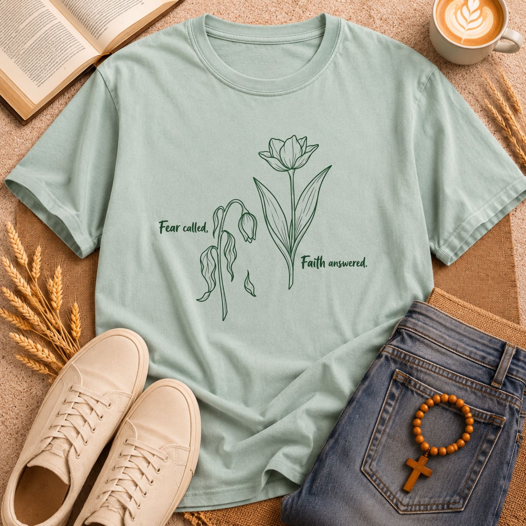 Fear Called Faith Answered wilting and blooming flower illustration Christian t-shirt
