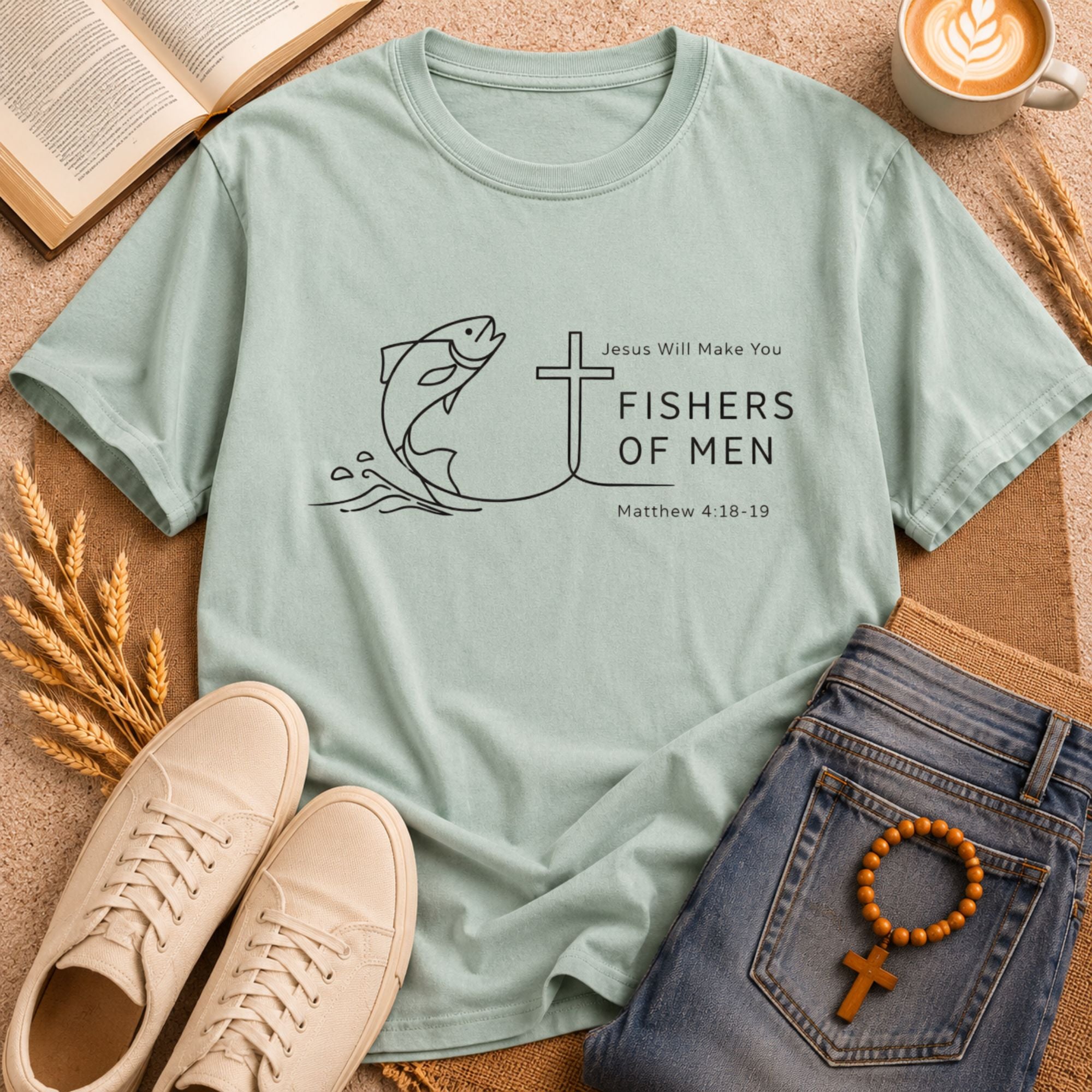 Christian fishing t-shirt with "Fishers of Men" Matthew 4:18-19 cross graphic