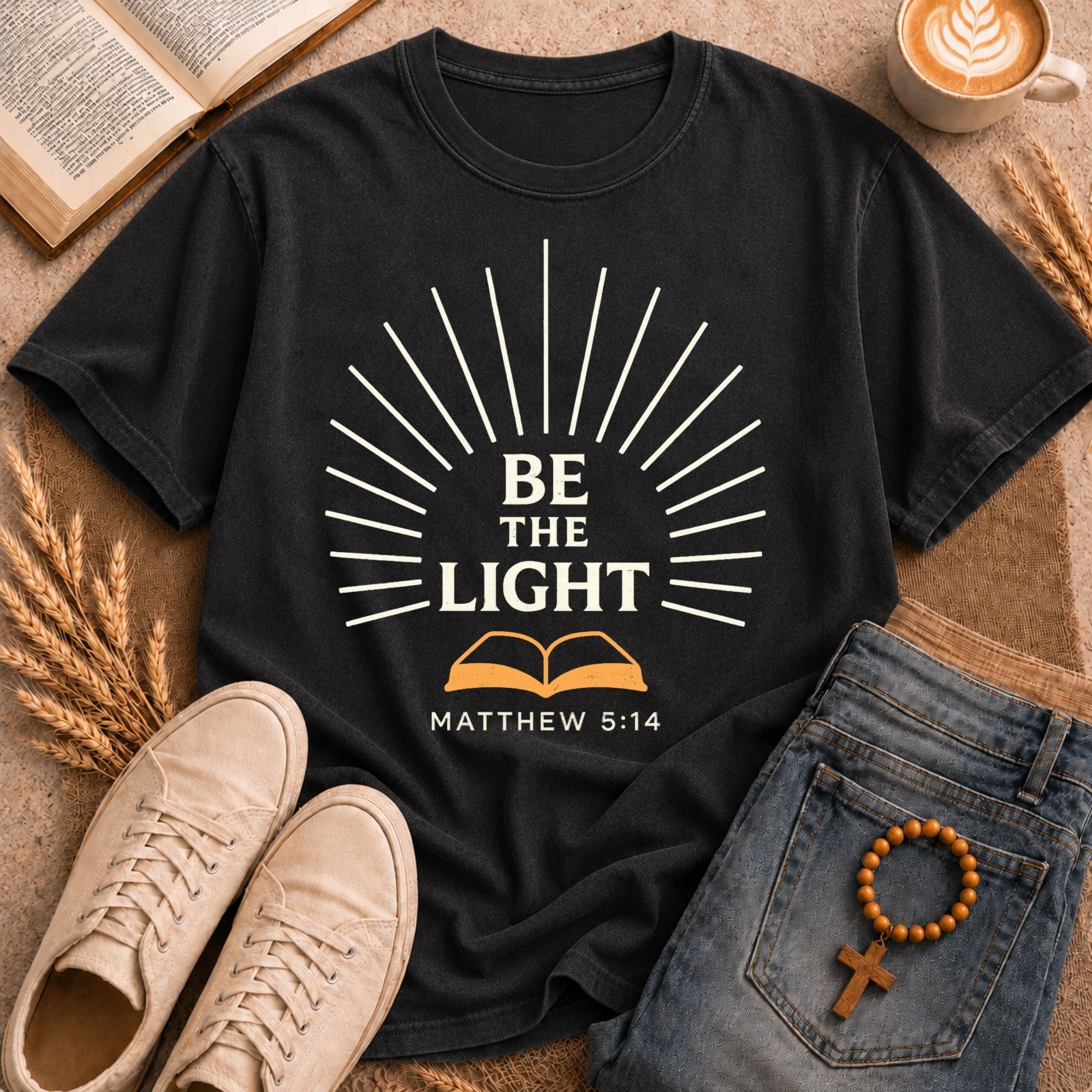 BE THE LIGHT scripture tee Matthew 5:14 religious sunburst open book print