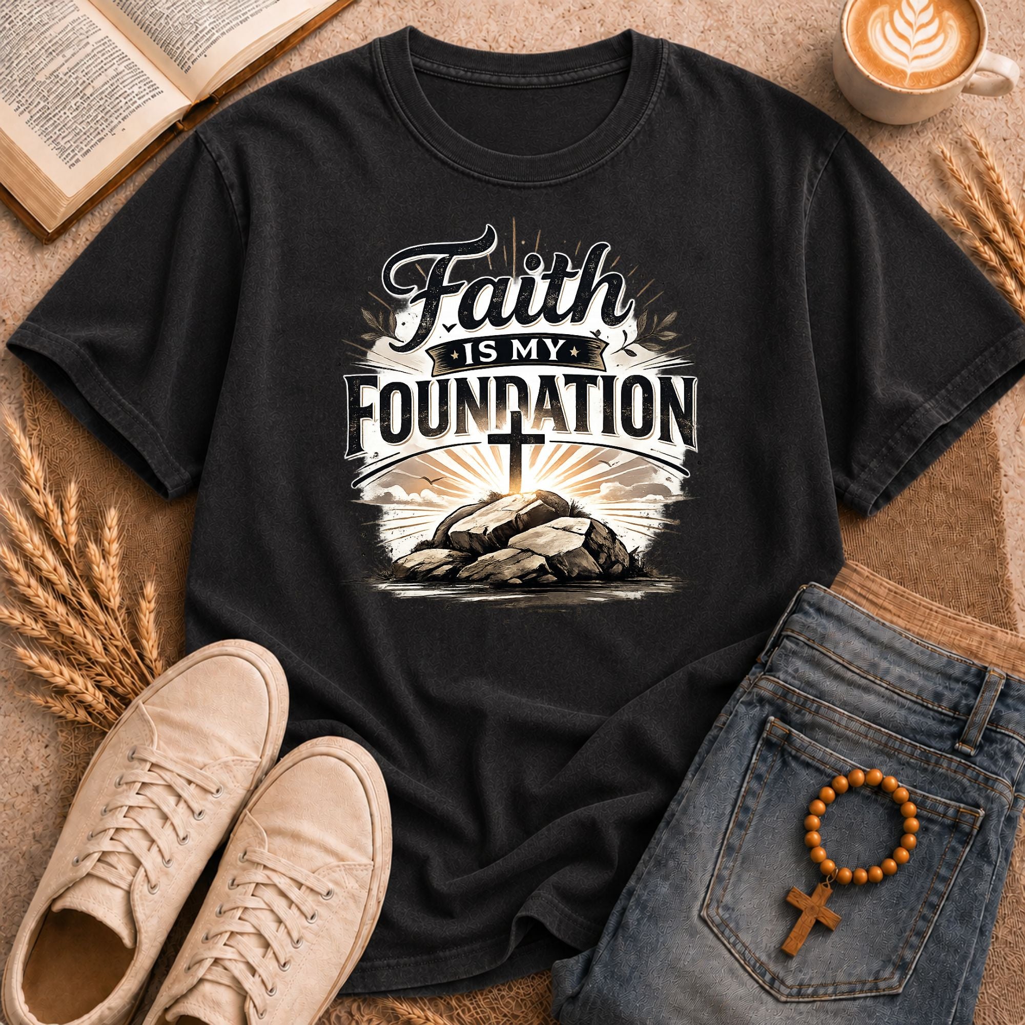 Faith is my foundation Christian t-shirt design with cross and sunrise graphic