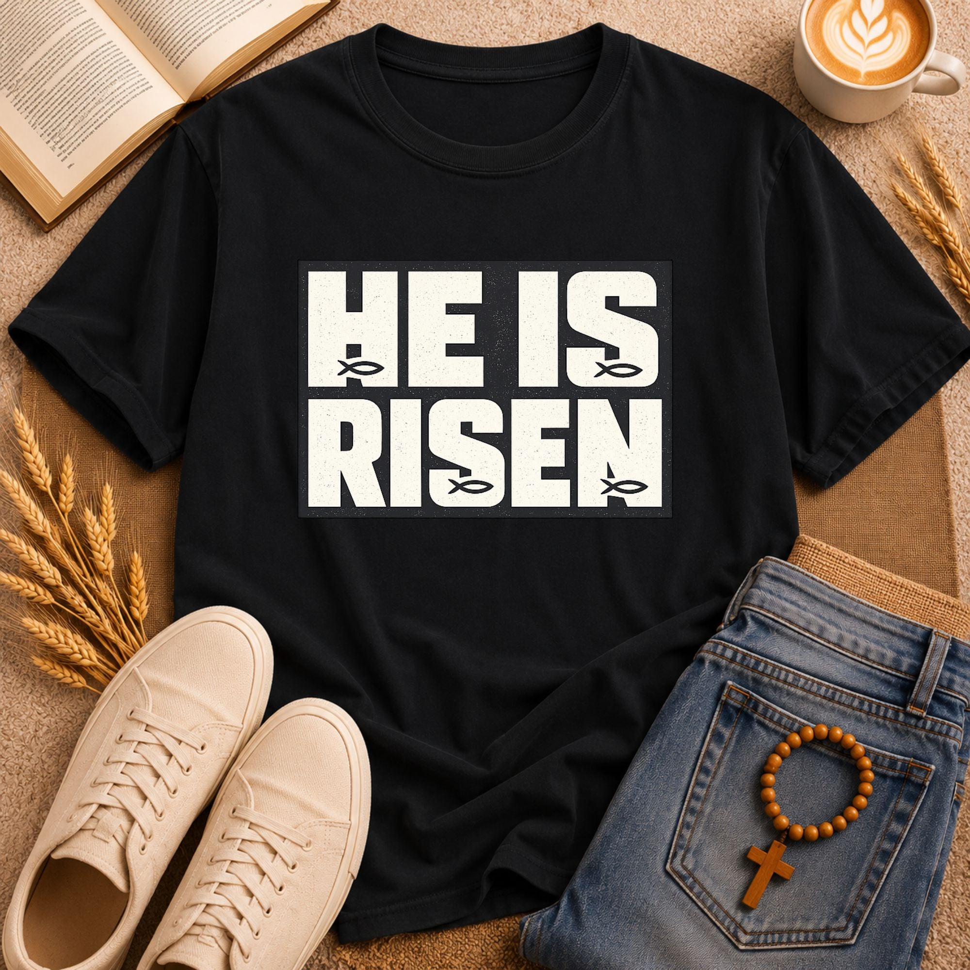 He Is Risen Christian Easter tee bold typography butterfly accent graphic print