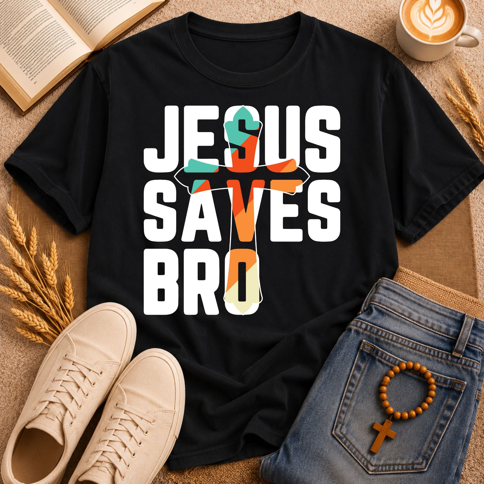 "Jesus Saves Bro" colorful cross graphic tee – bold funny Christian faith shirt
