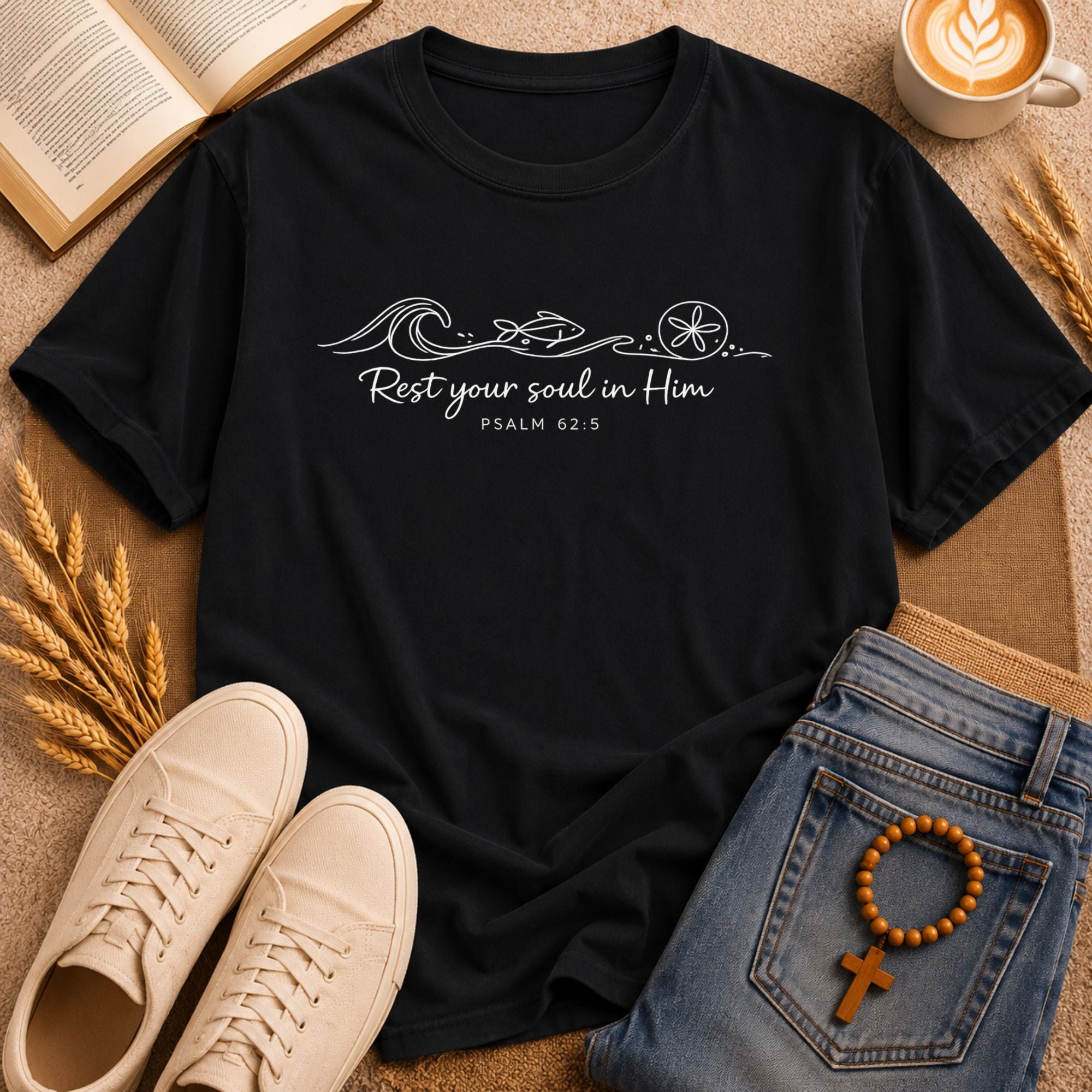Rest Your Soul in Him Psalm 62:5 Christian beach t-shirt with ocean wave fish sand dollar line art graphic