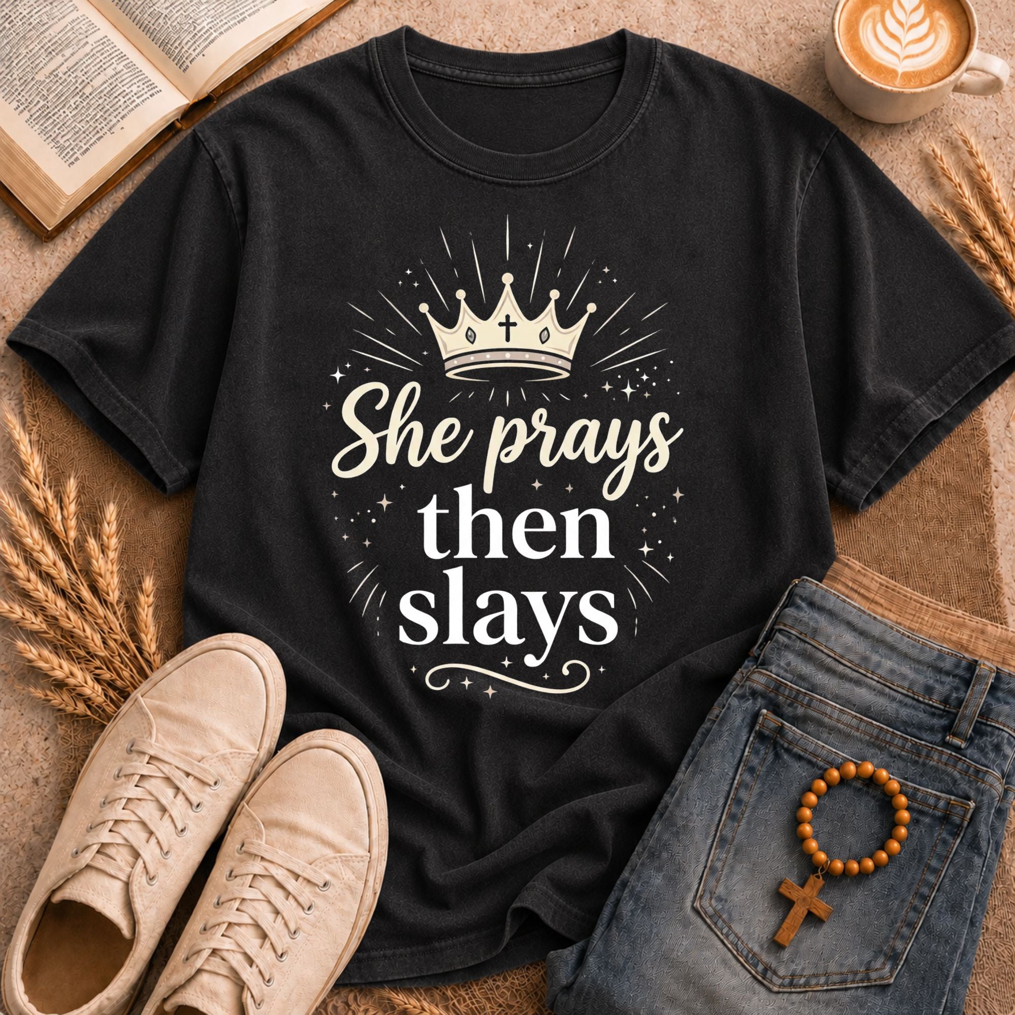 She Prays Then Slays graphic tee – Christian women's faith t-shirt with crown
