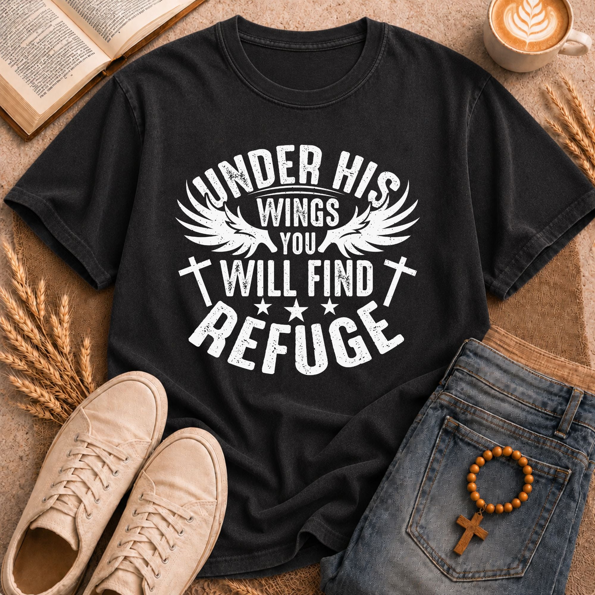 Under His Wings You Will Find Refuge Christian T-Shirt with Cross and Angel Wings Graphic