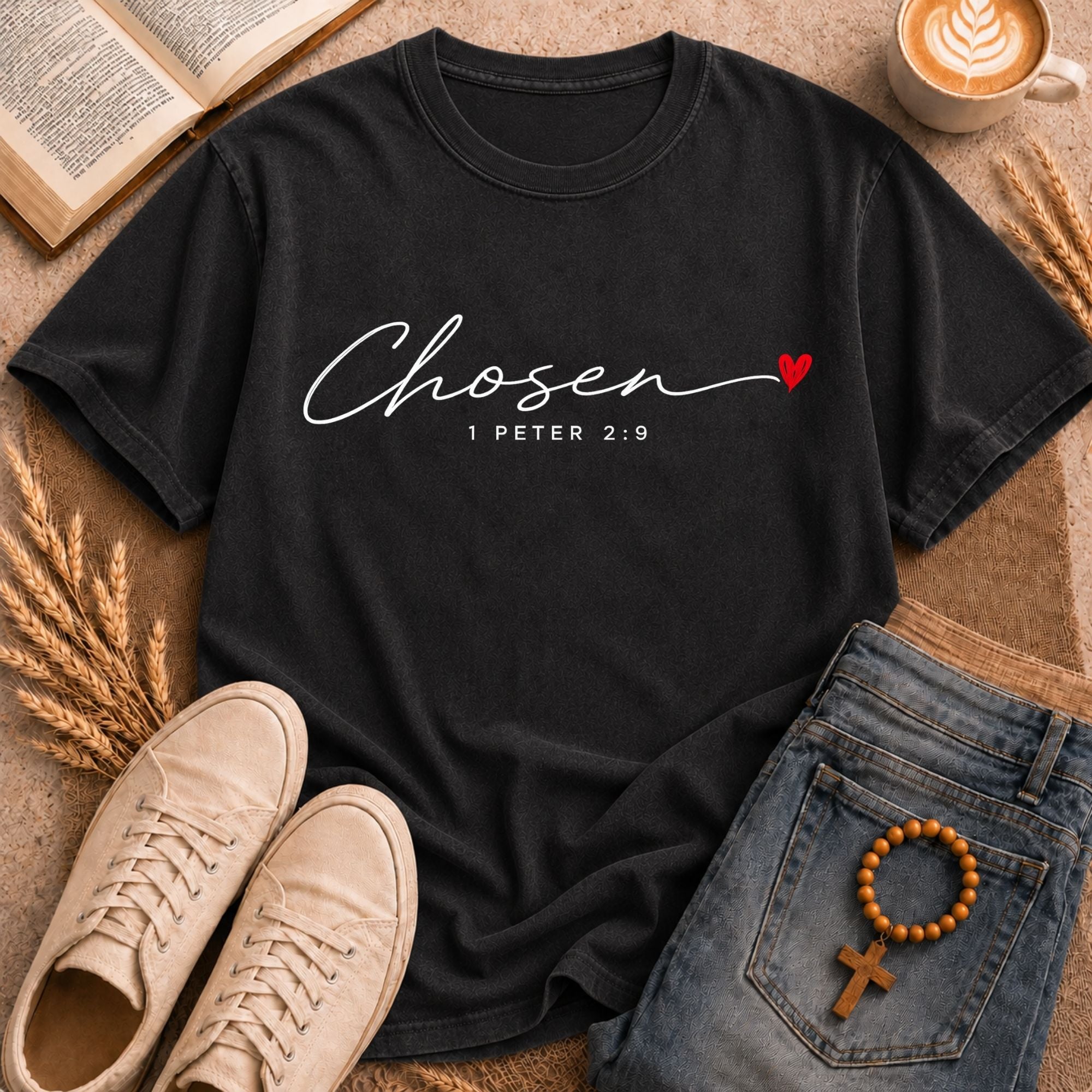 Chosen scripture tee 1 Peter 2:9 Christian women's shirt with heart graphic