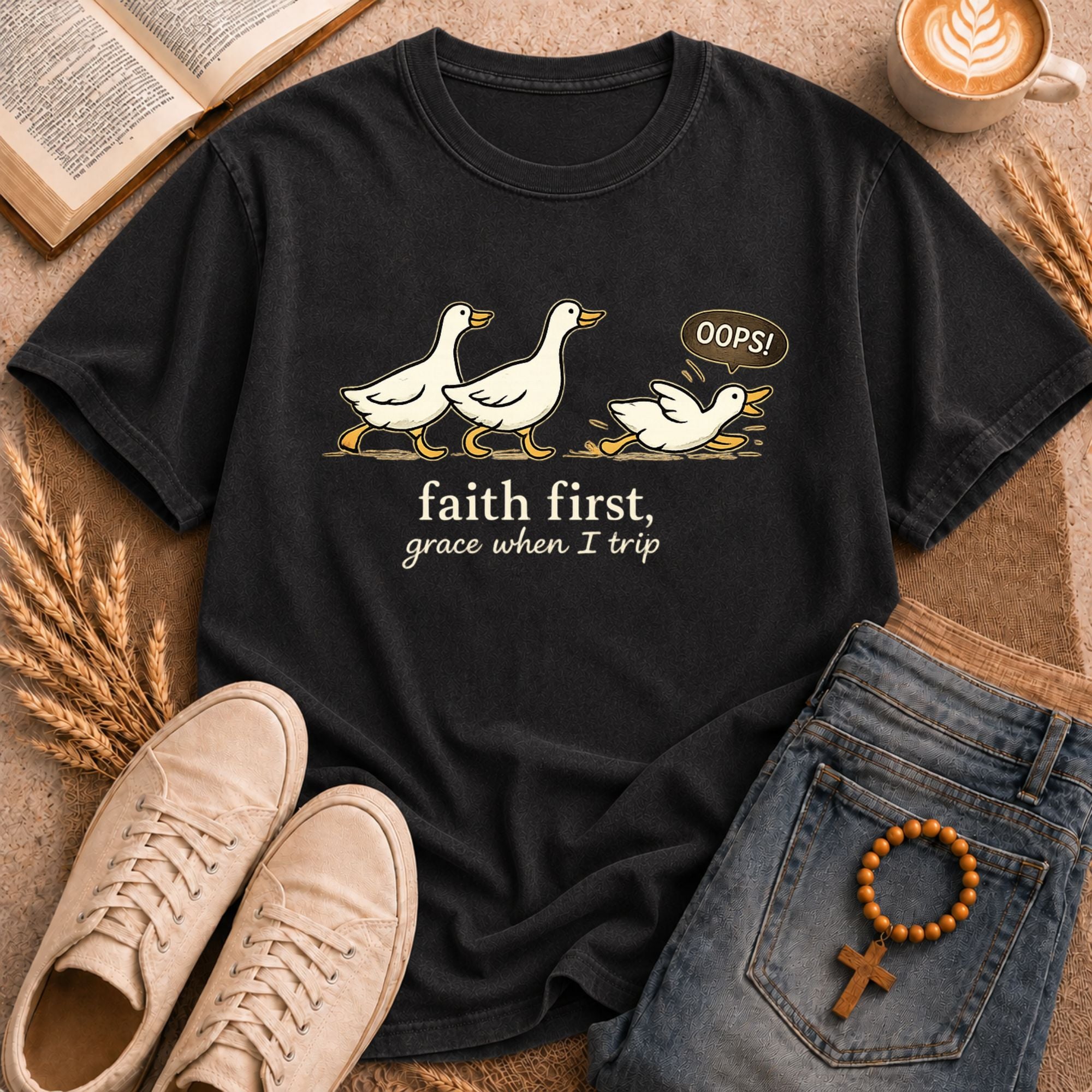 Three ducks walking graphic tee – "Faith First, Grace When I Trip" funny Christian sweatshirt