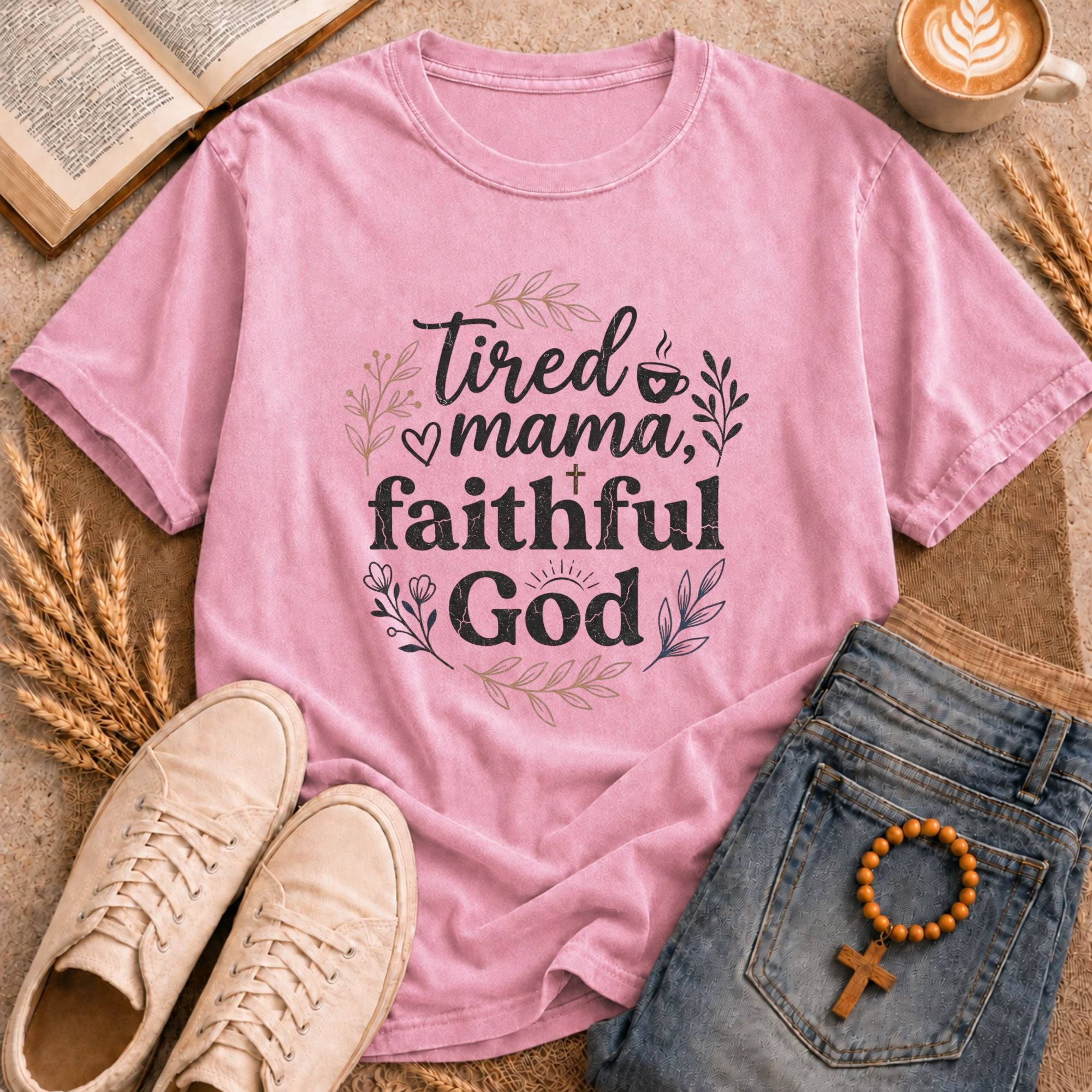 Tired Mama Faithful God Christian t-shirt – faith-based mom graphic tee with wreath design