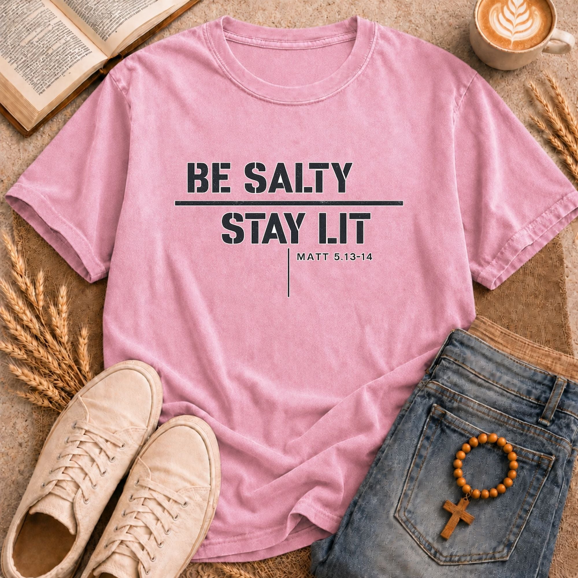 Matthew 5:13-14 Bible verse t-shirt Be Salty Stay Lit faith apparel