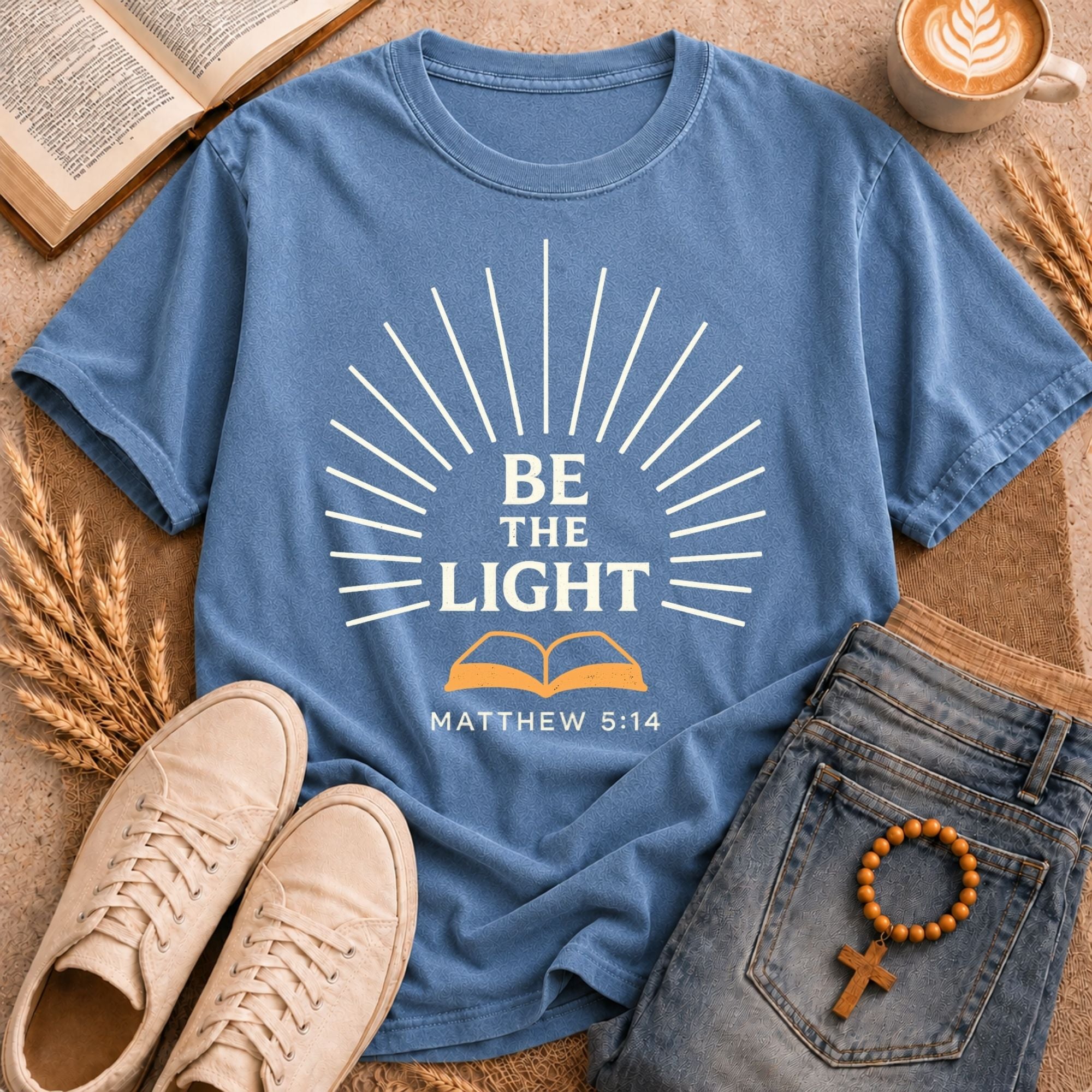 Matthew 5:14 BE THE LIGHT Christian graphic t-shirt sunburst Bible design