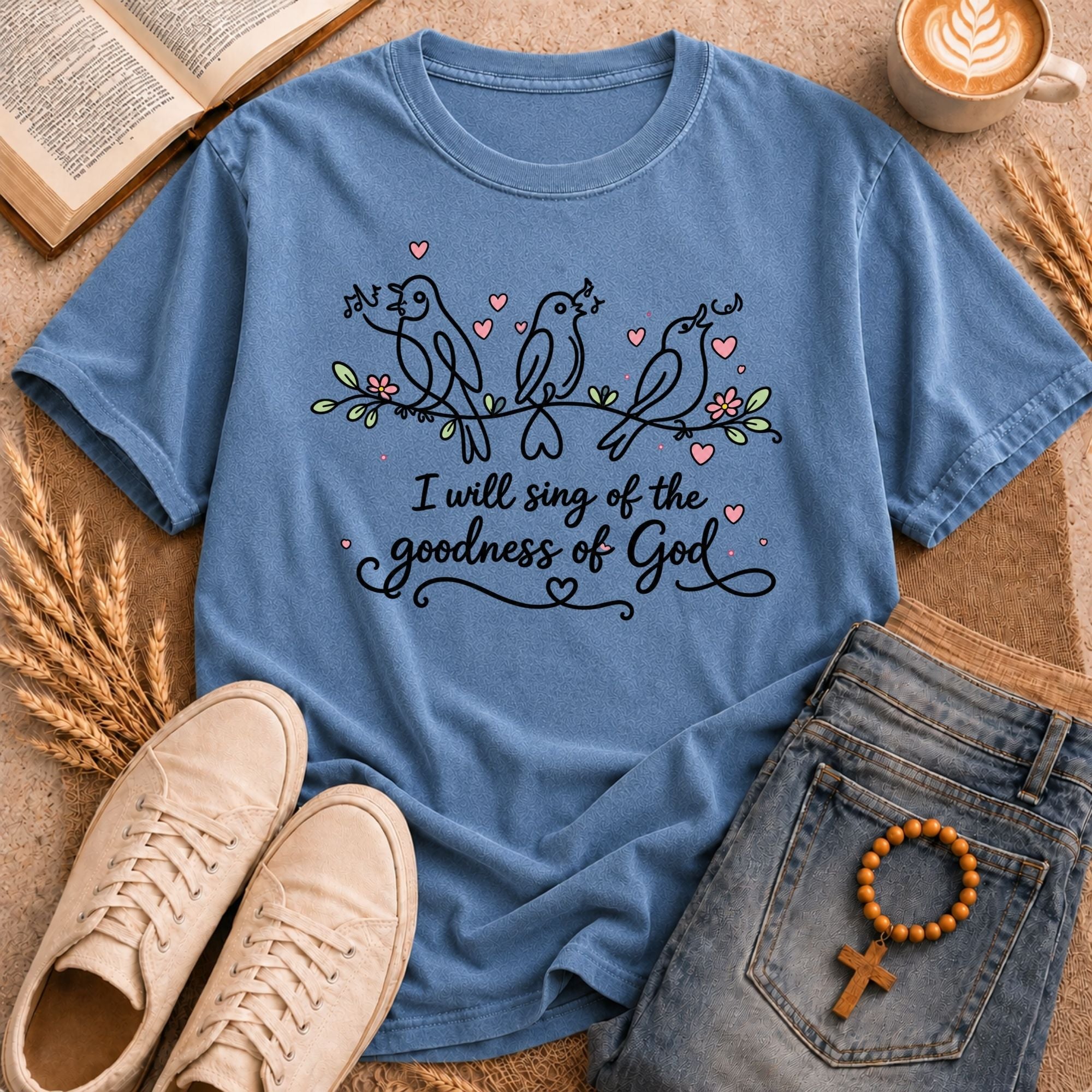 I Will Sing of the Goodness of God singing birds floral illustration Christian t-shirt