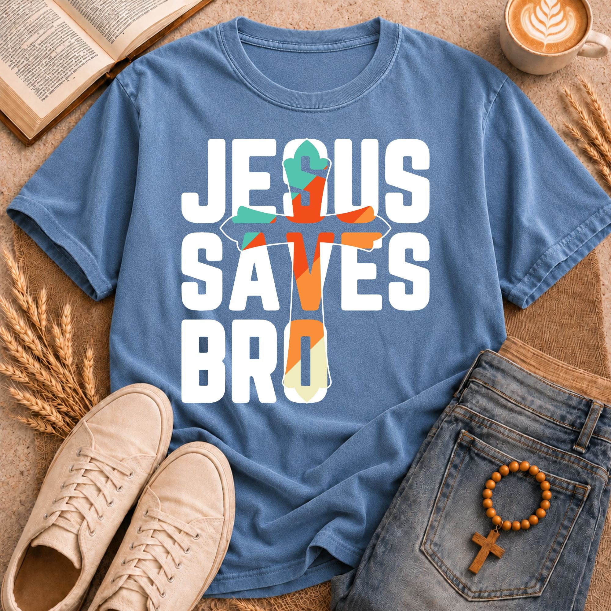 Bold "Jesus Saves Bro" cross typography tee – colorful modern Christian shirt for men and women