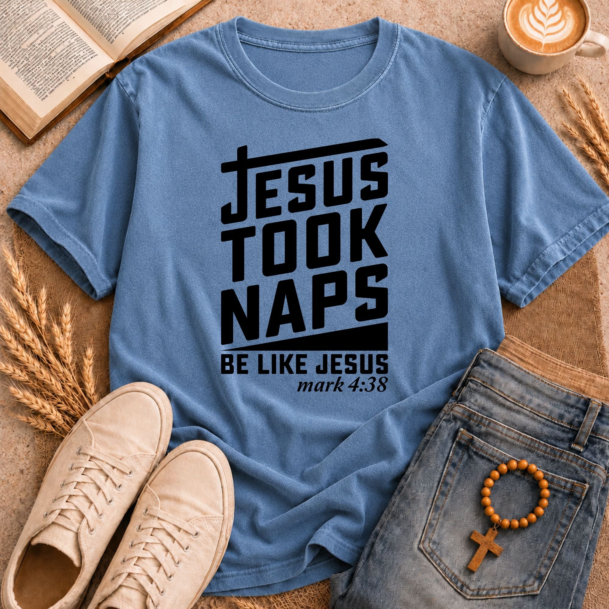 "Jesus Took Naps Be Like Jesus" Mark 4:38 bold graphic tee – funny Christian scripture shirt