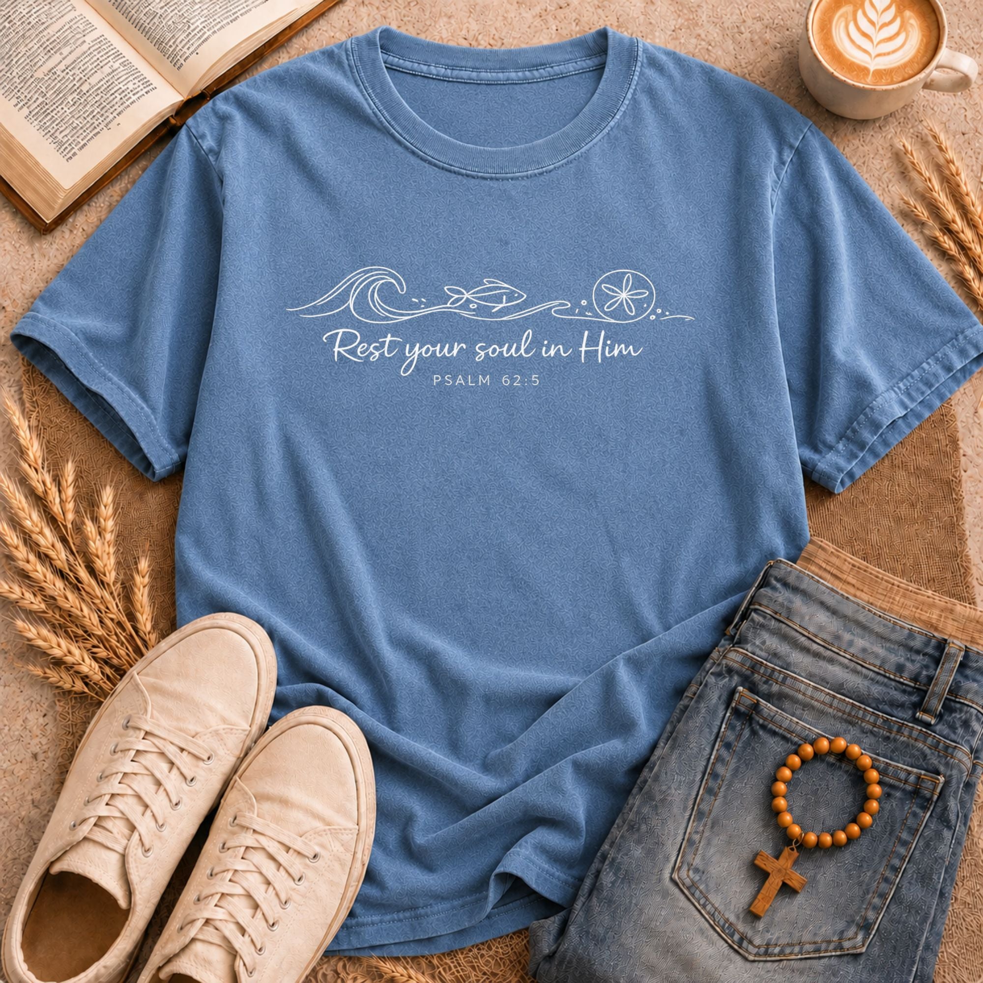 Christian beach t-shirt Rest Your Soul in Him Psalm 62:5 ocean wave sand dollar fish cursive graphic