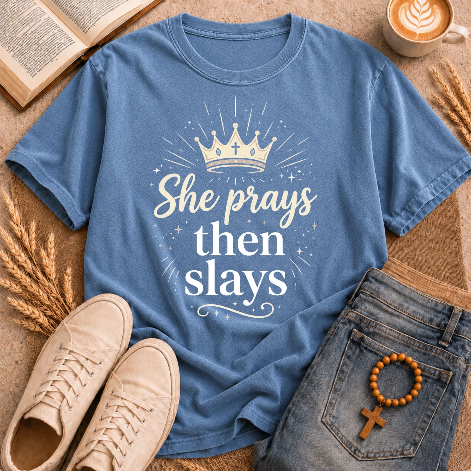 She Prays Then Slays Christian t-shirt – faith-based crown graphic tee for women