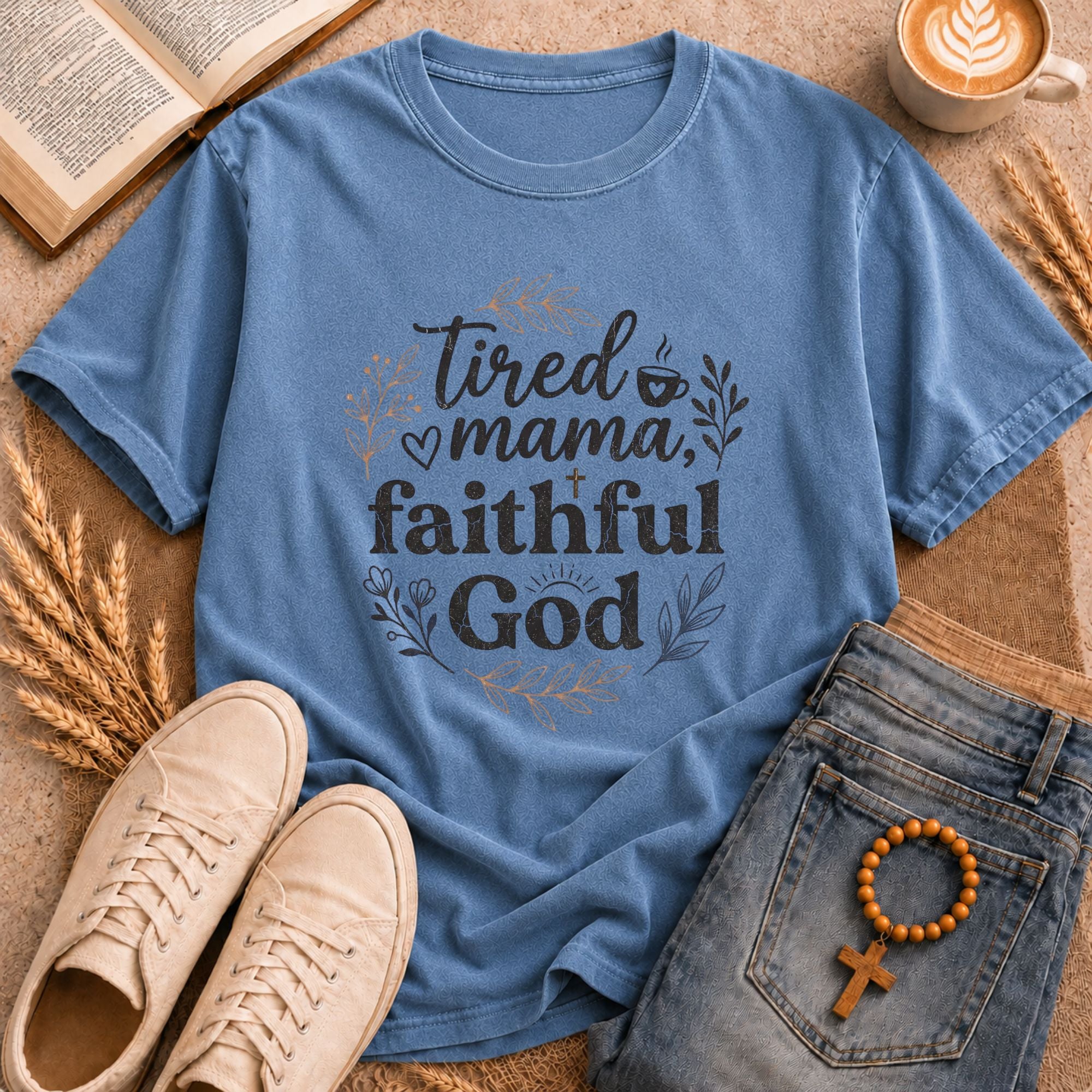 Tired Mama Faithful God women's shirt – empowering Christian mother tee with floral wreath