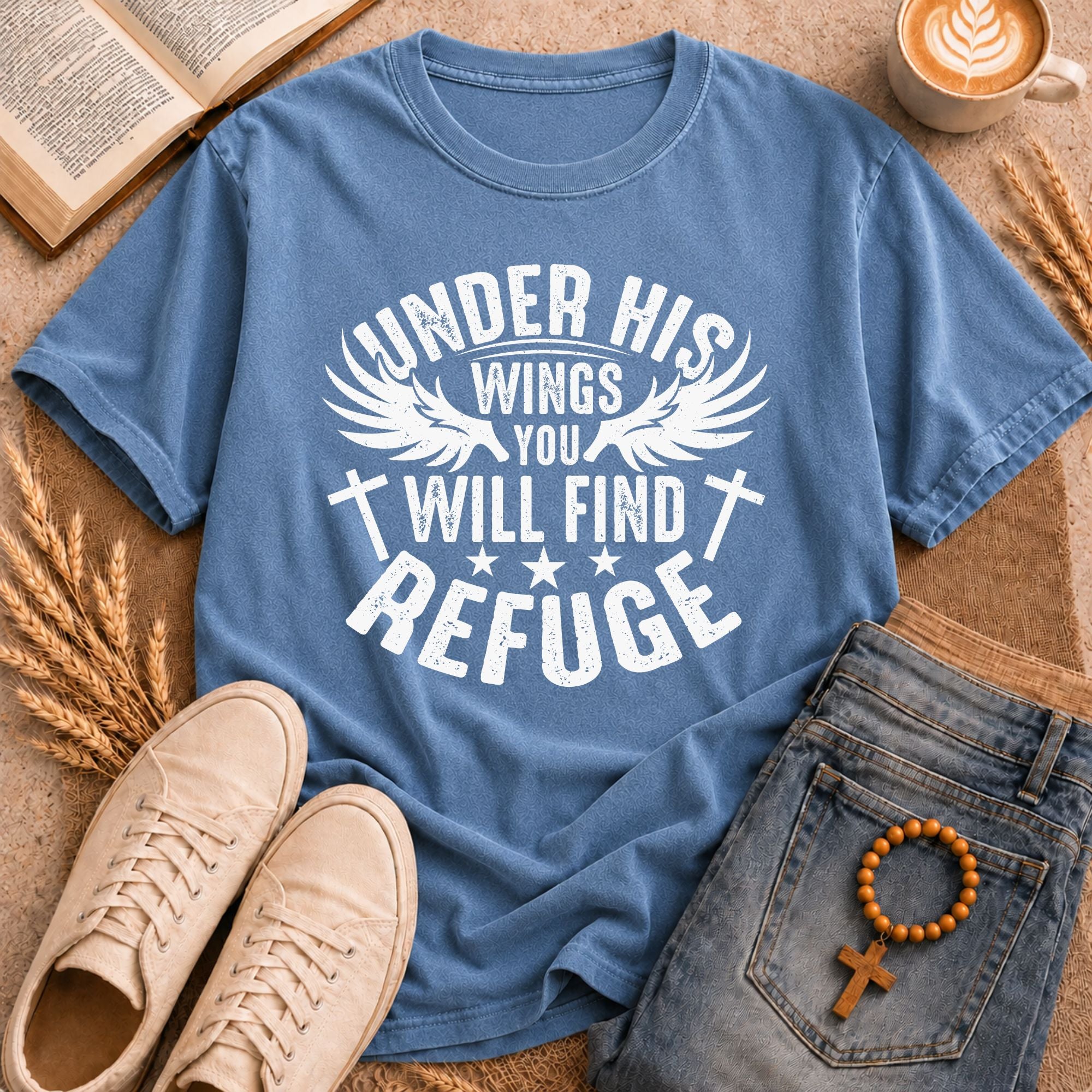 Under His Wings You Will Find Refuge Religious Apparel Angel Wings Cross Stars Tee