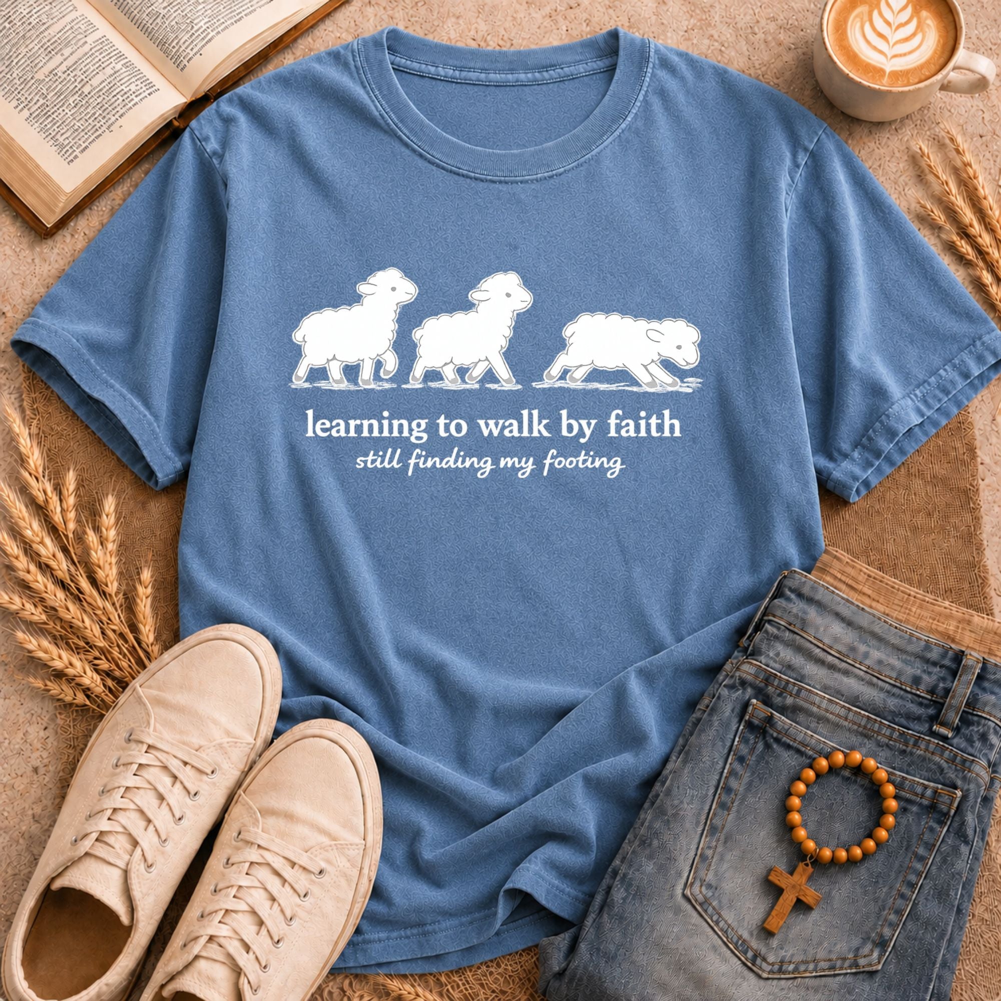 Three lambs walking graphic tee – "Learning to Walk by Faith, Still Finding My Footing" Christian t-shirt