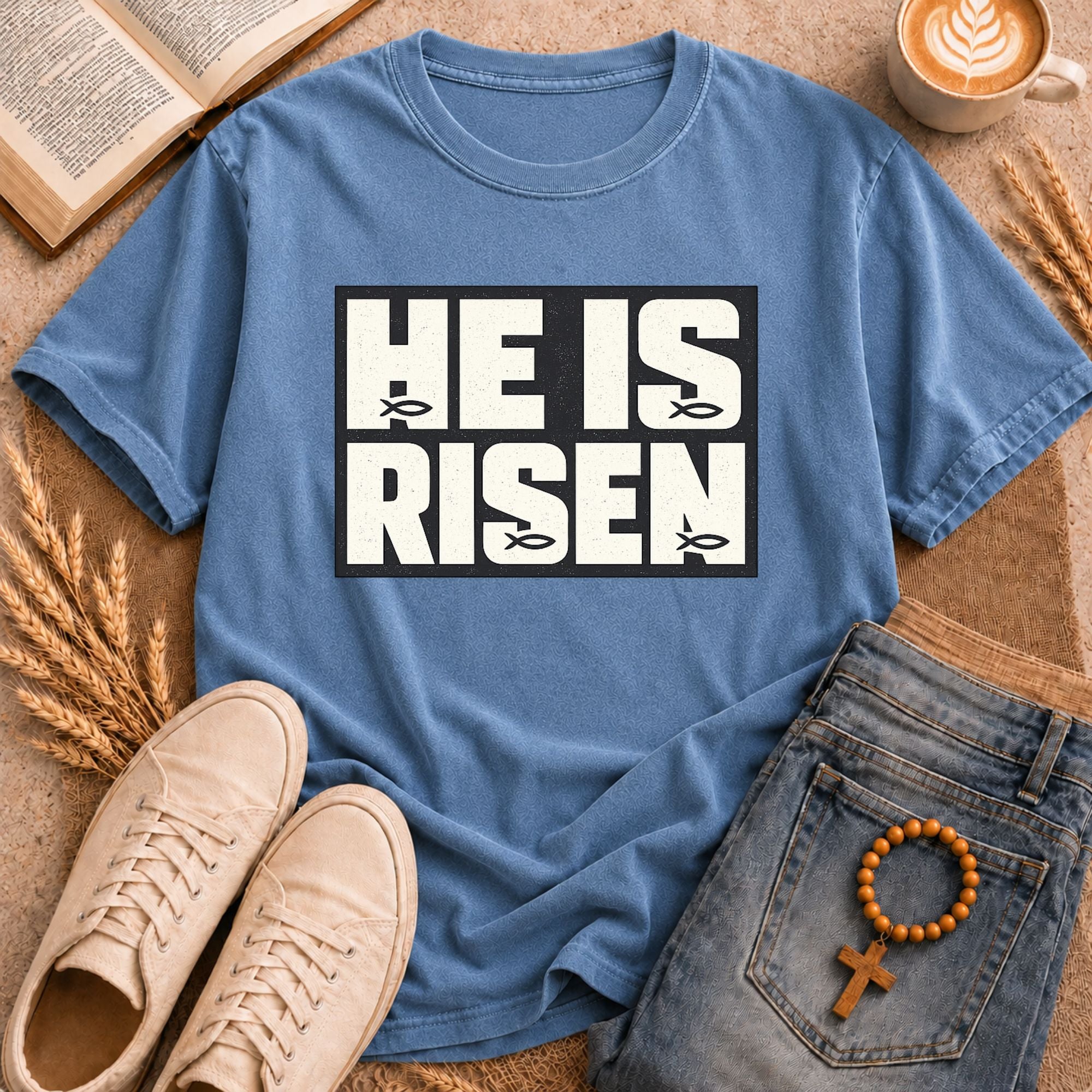 Easter faith t-shirt He Is Risen bold block text with butterfly design religious graphic