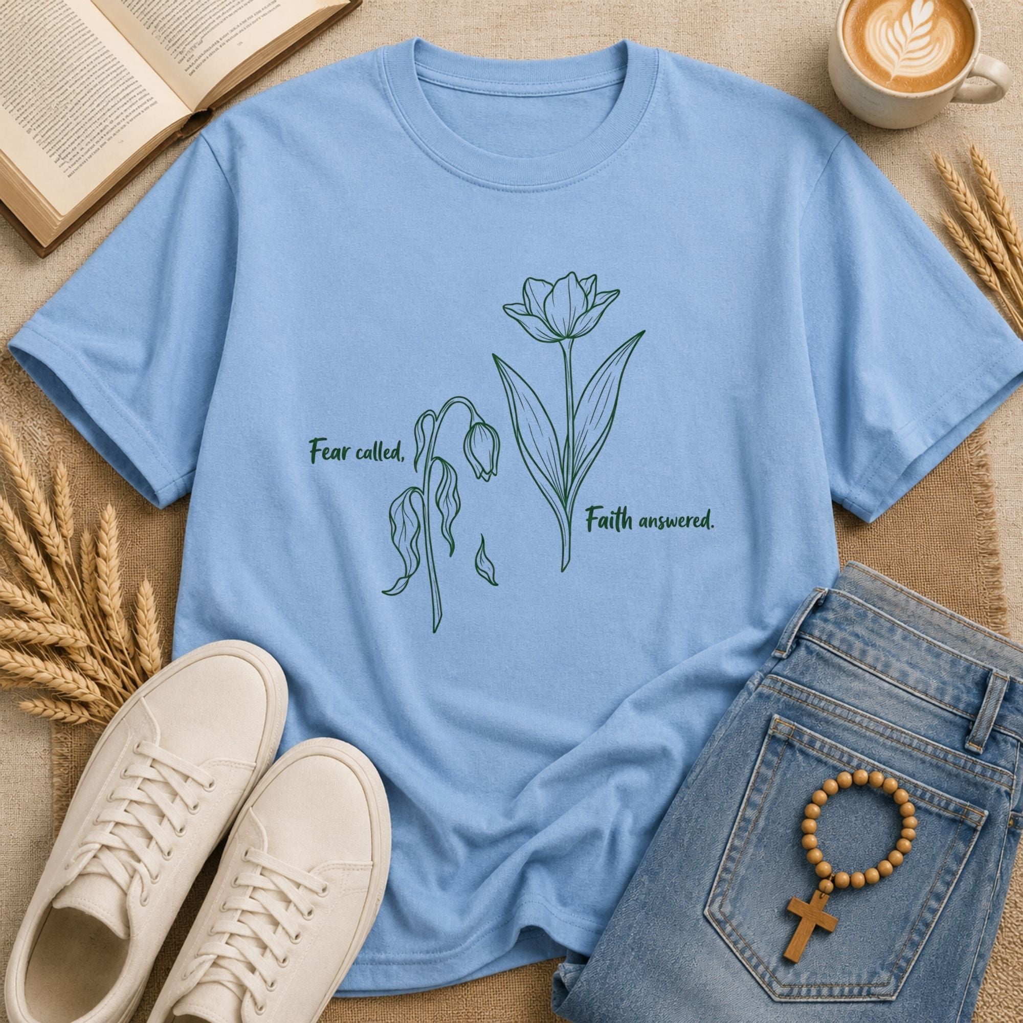 faith over fear floral t-shirt wilting flower blooming tulip Christian clothing gift