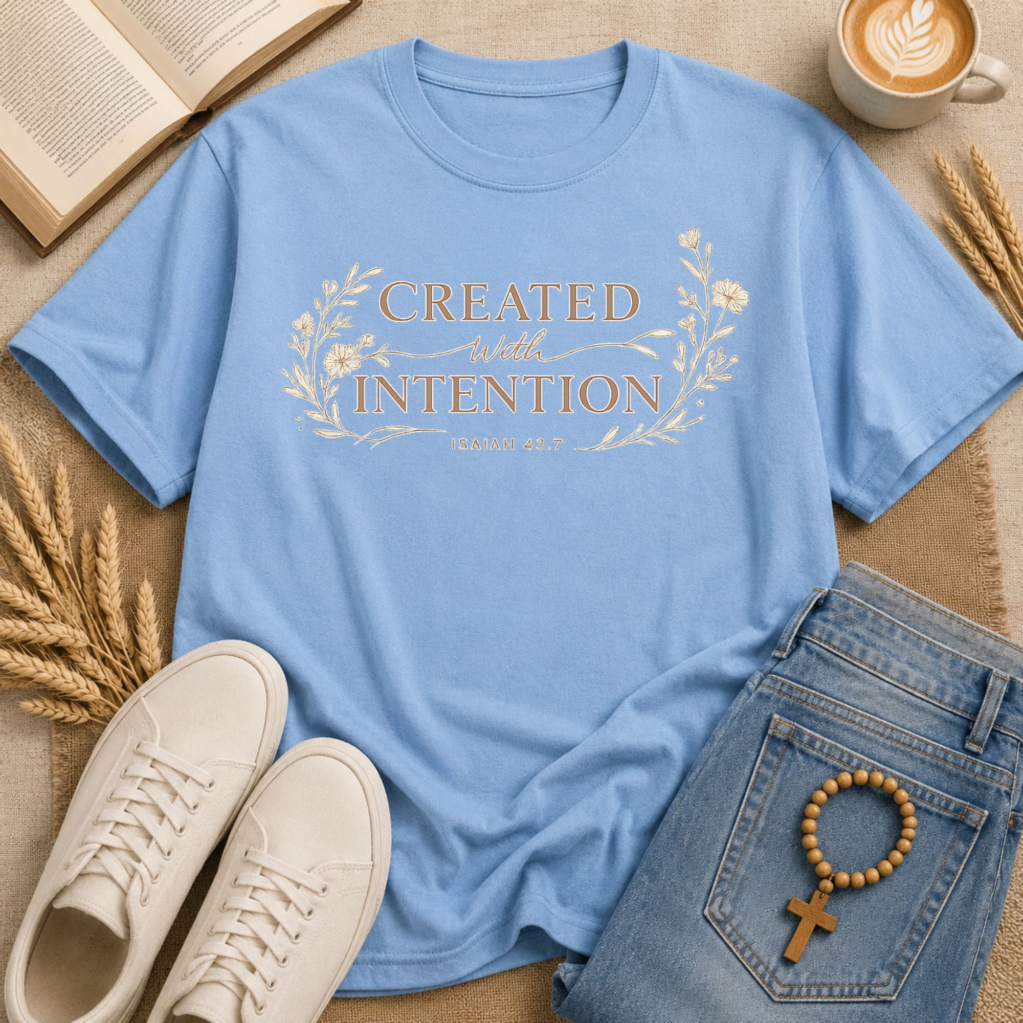 Christian faith t-shirt Created With Intention Isaiah 43:7 ornate floral garland gold lettering design