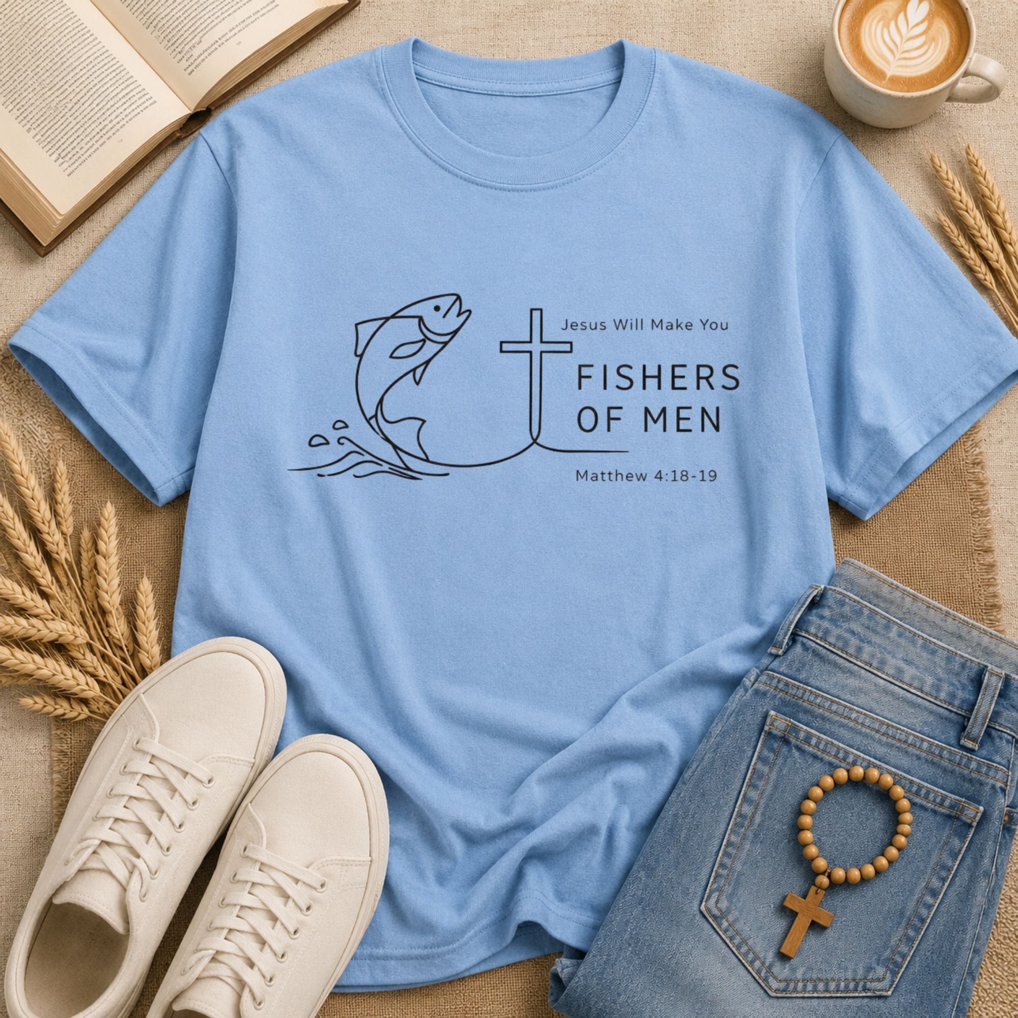 Jesus Will Make You Fishers of Men Bible verse t-shirt with leaping fish and cross design
