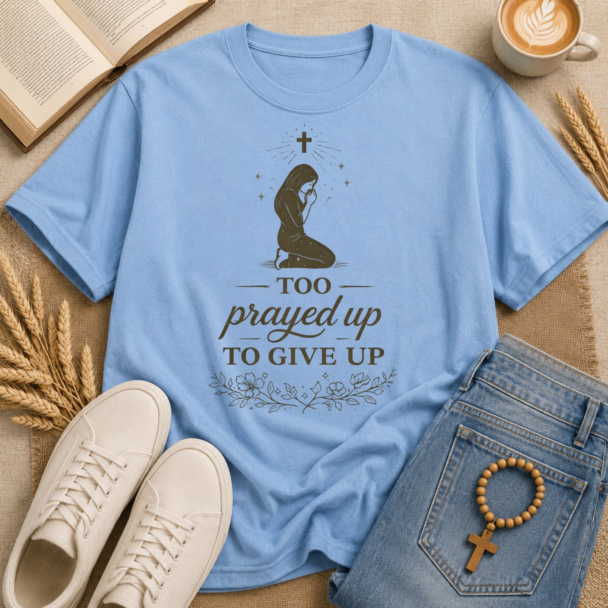 Too Prayed Up To Give Up religious t-shirt – Christian gift for women with praying figure and cross