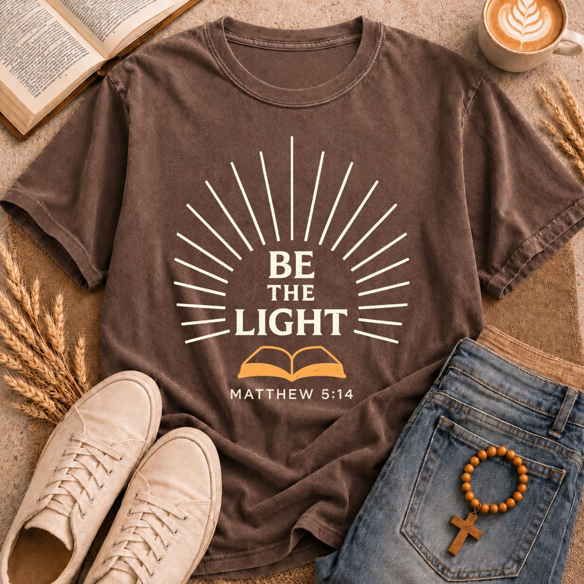 Christian faith t-shirt with BE THE LIGHT Matthew 5:14 sunburst open Bible graphic