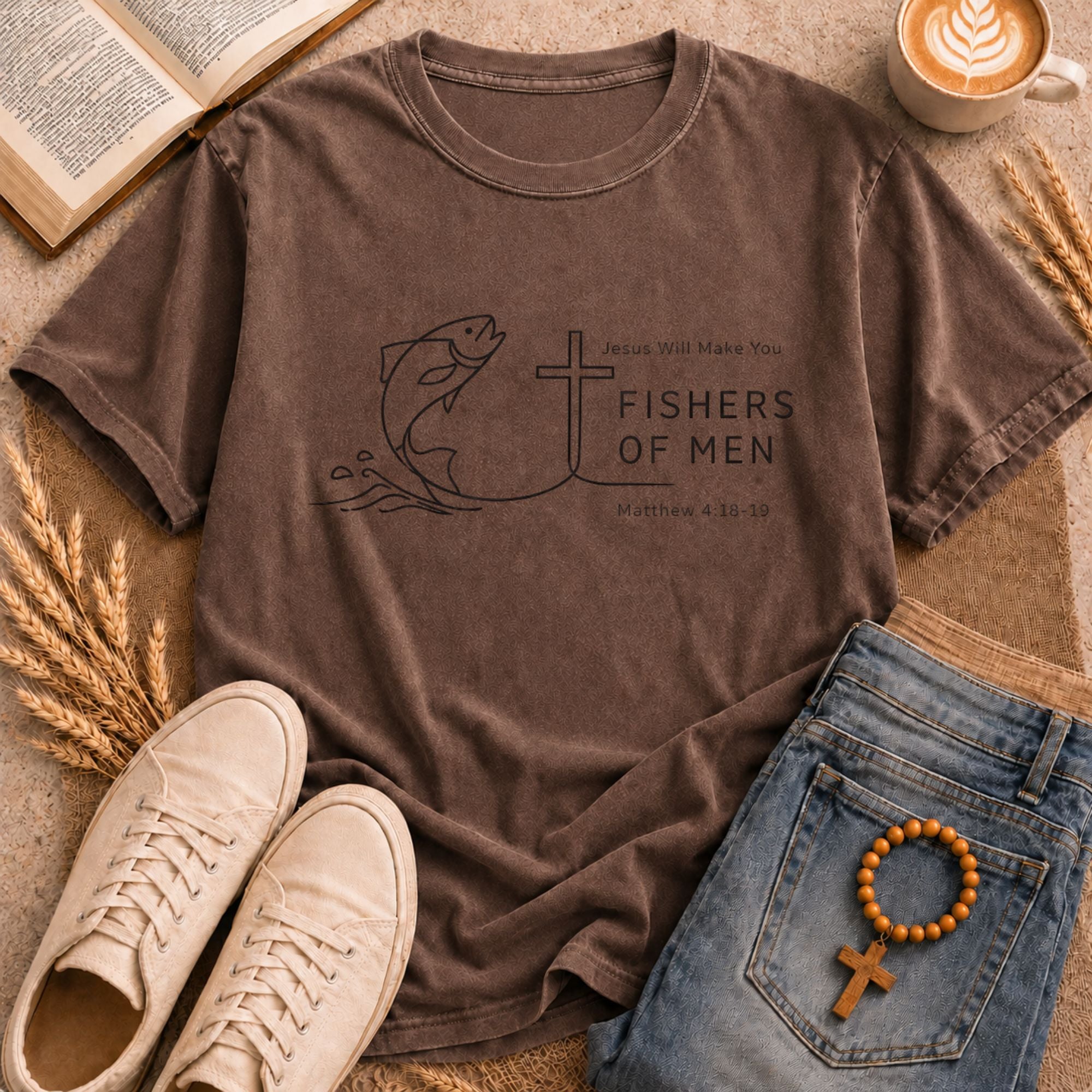 Matthew 4:18-19 scripture t-shirt minimalist line art fish and cross print