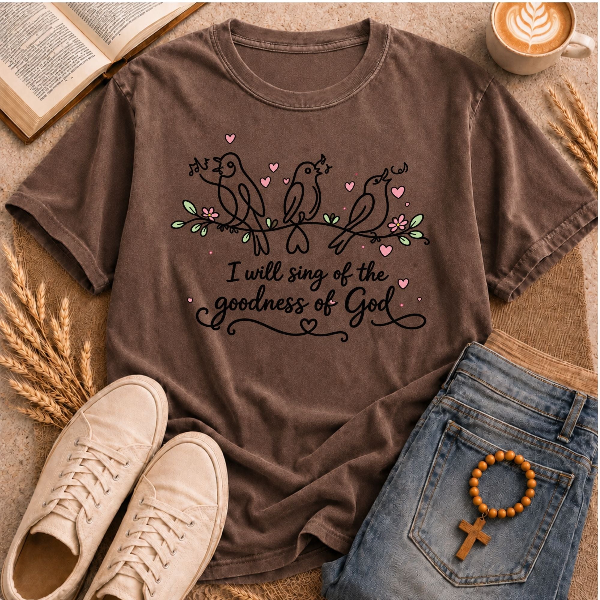 I Will Sing of the Goodness of God whimsical bird illustration Christian gift t-shirt