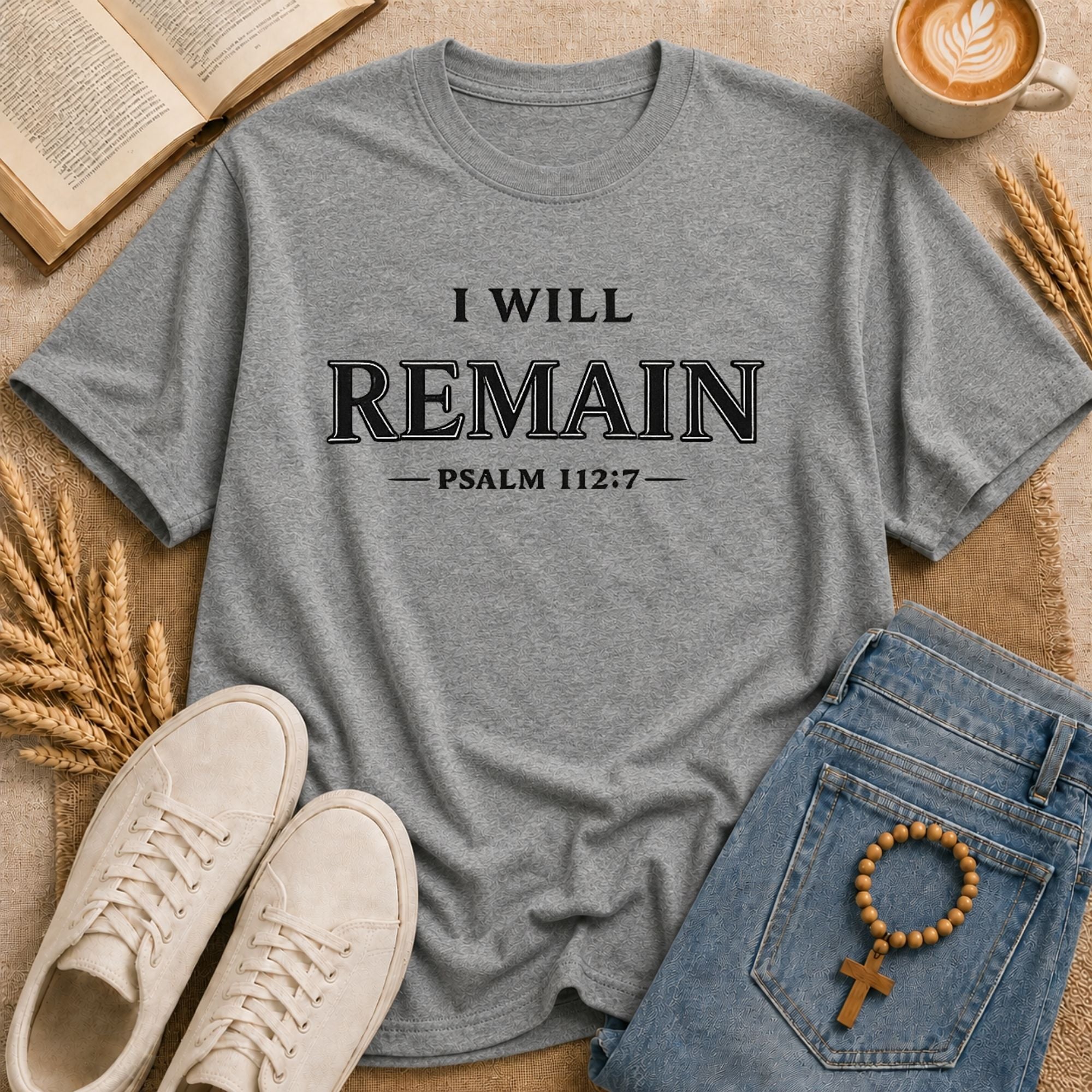 Psalm 112:7 Christian t-shirt I Will Remain bold serif font religious gift