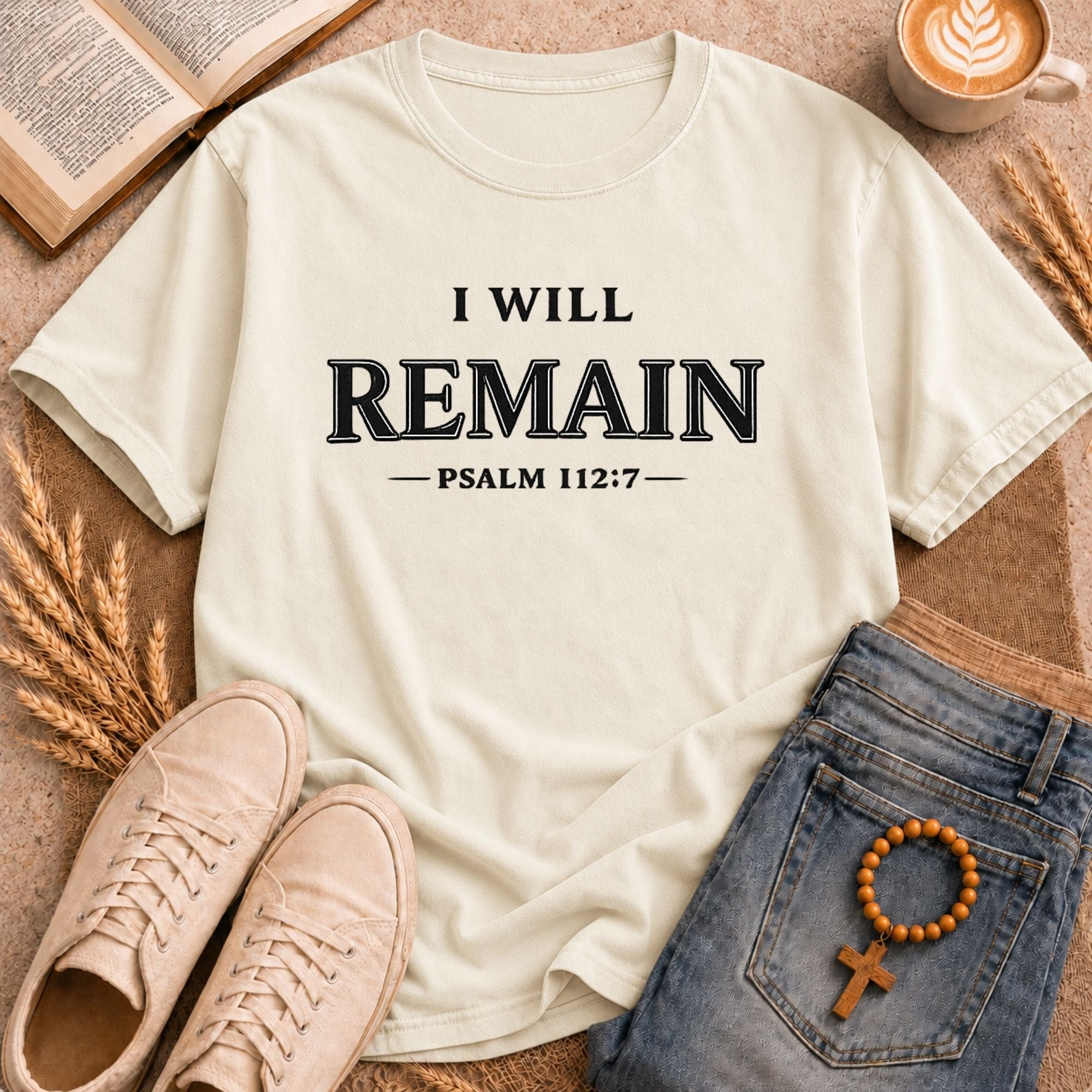 I Will Remain Psalm 112:7 faith-based typography tee Christian clothing