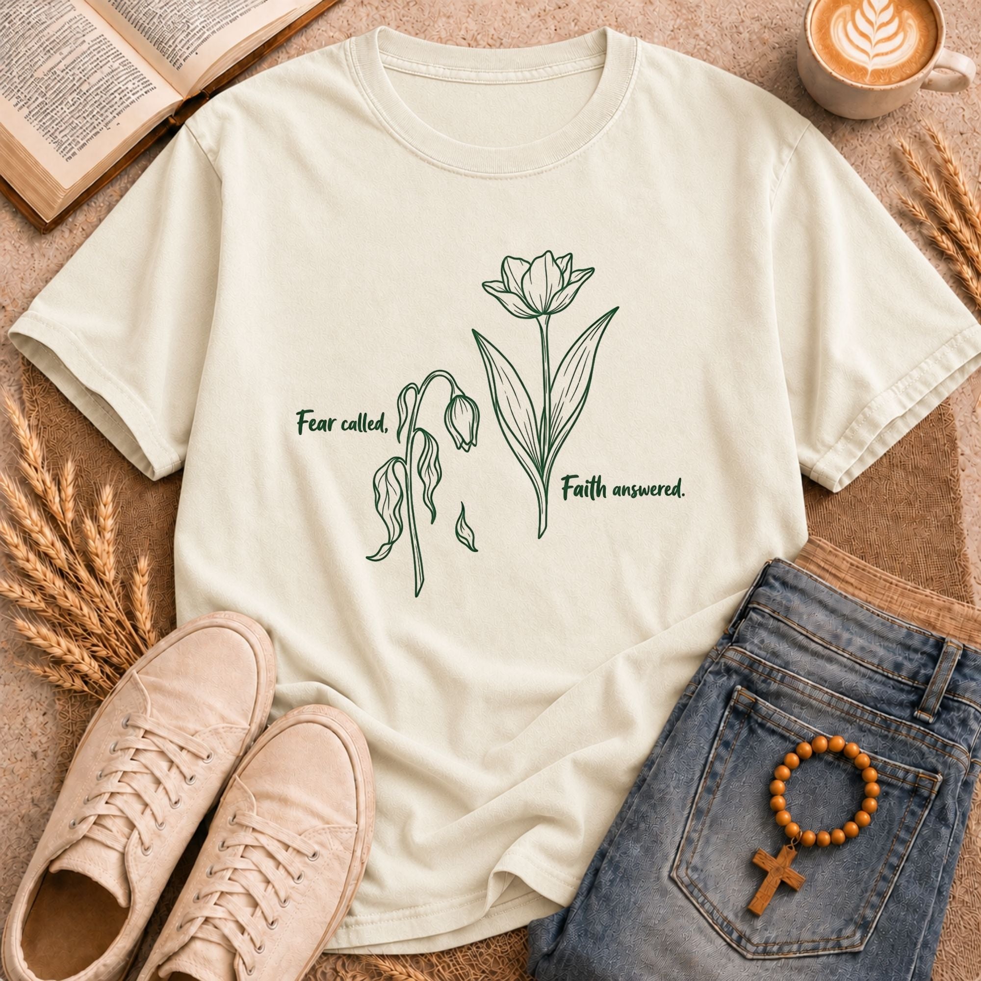 Fear Called Faith Answered botanical illustration tee faith-based inspirational apparel