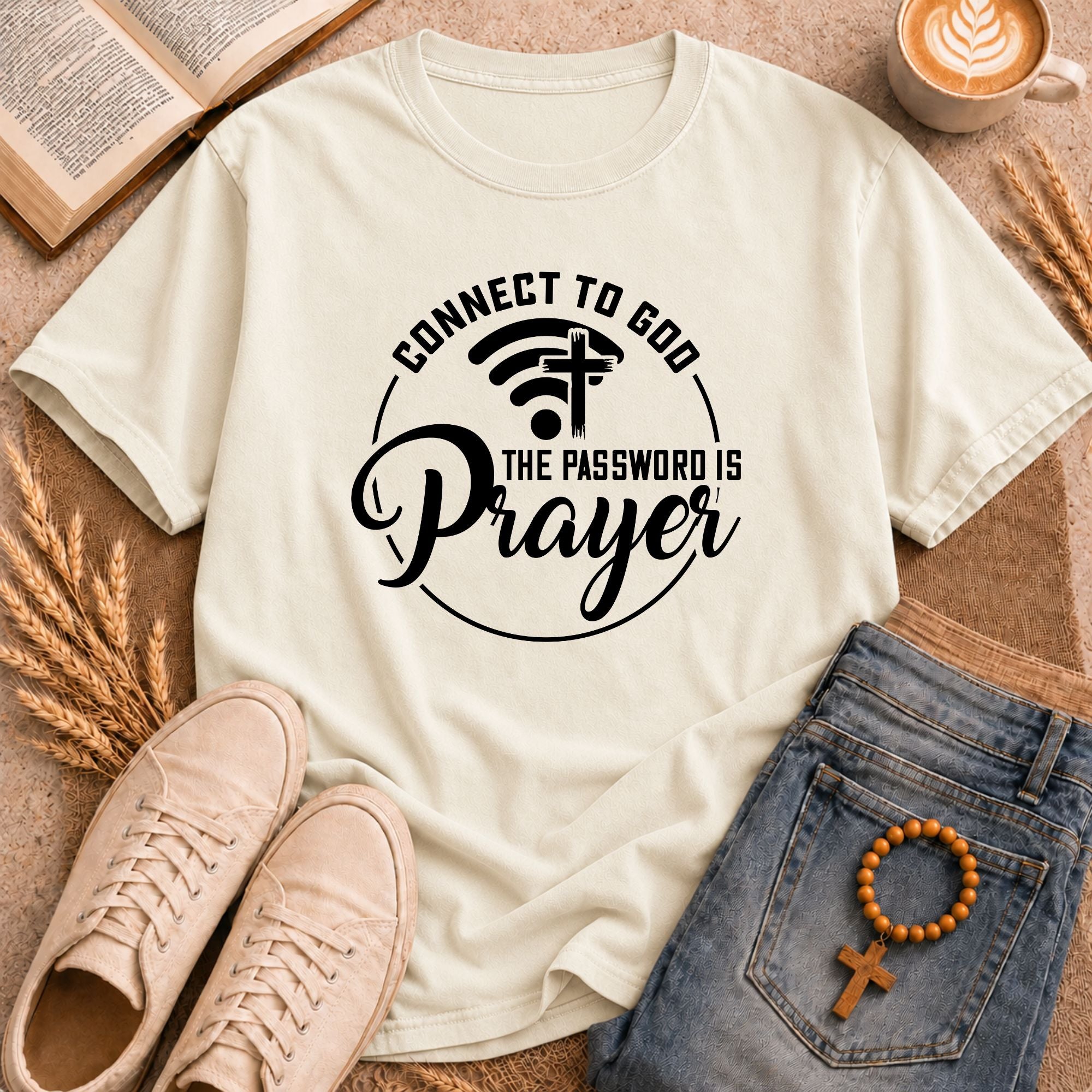 "The Password Is Prayer" WiFi cross circular logo tee – humorous Christian quote unisex shirt