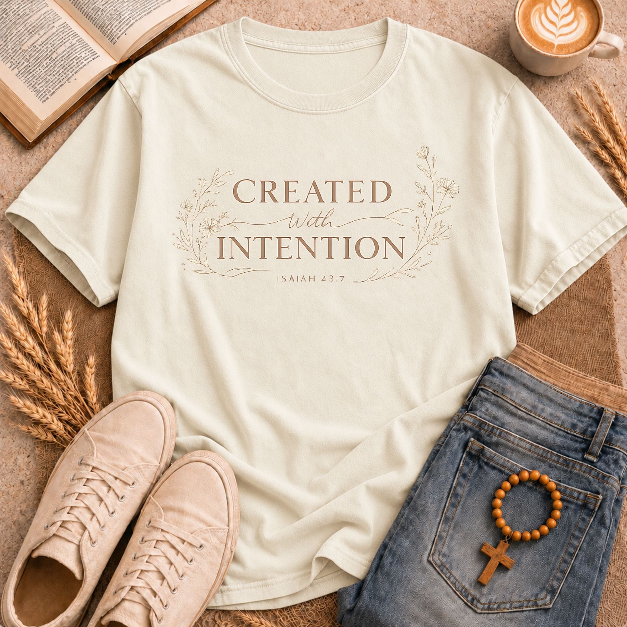 Created With Intention Isaiah 43:7 religious graphic tee elegant wildflower wreath vintage typography