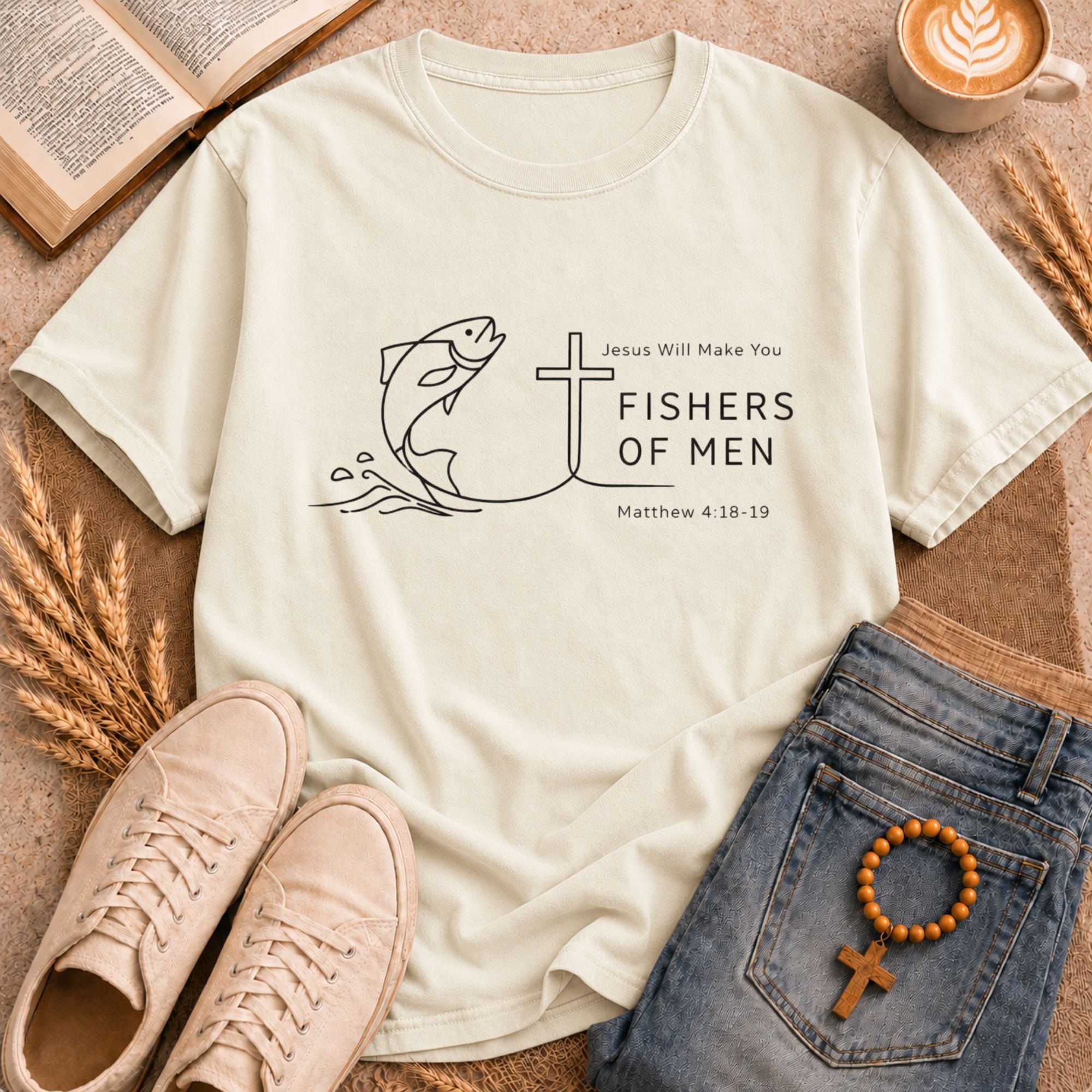 Religious fishing t-shirt Fishers of Men faith-based apparel with cross and fish graphic