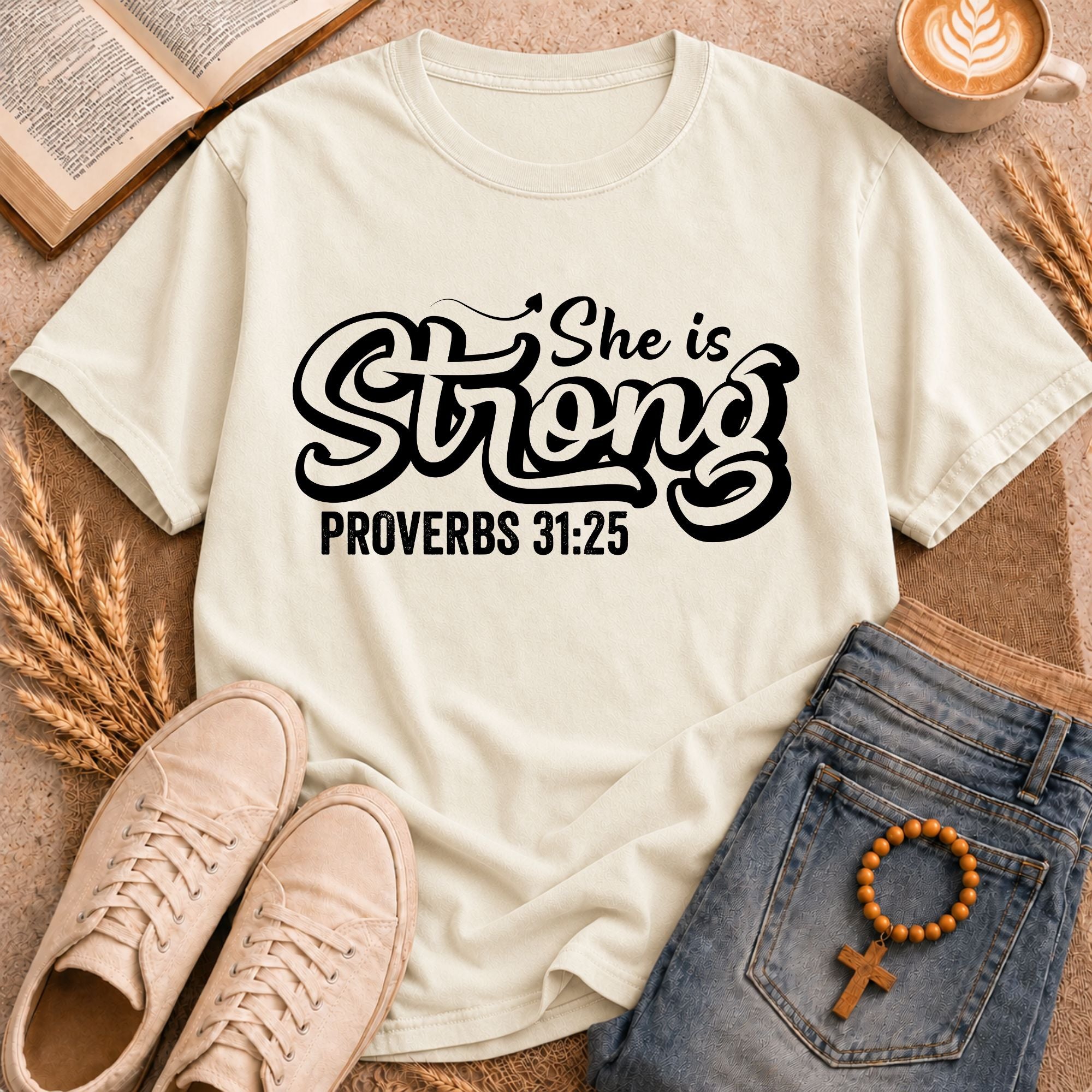 Christian Women's Graphic Tee She Is Strong Scripture Shirt Proverbs 31