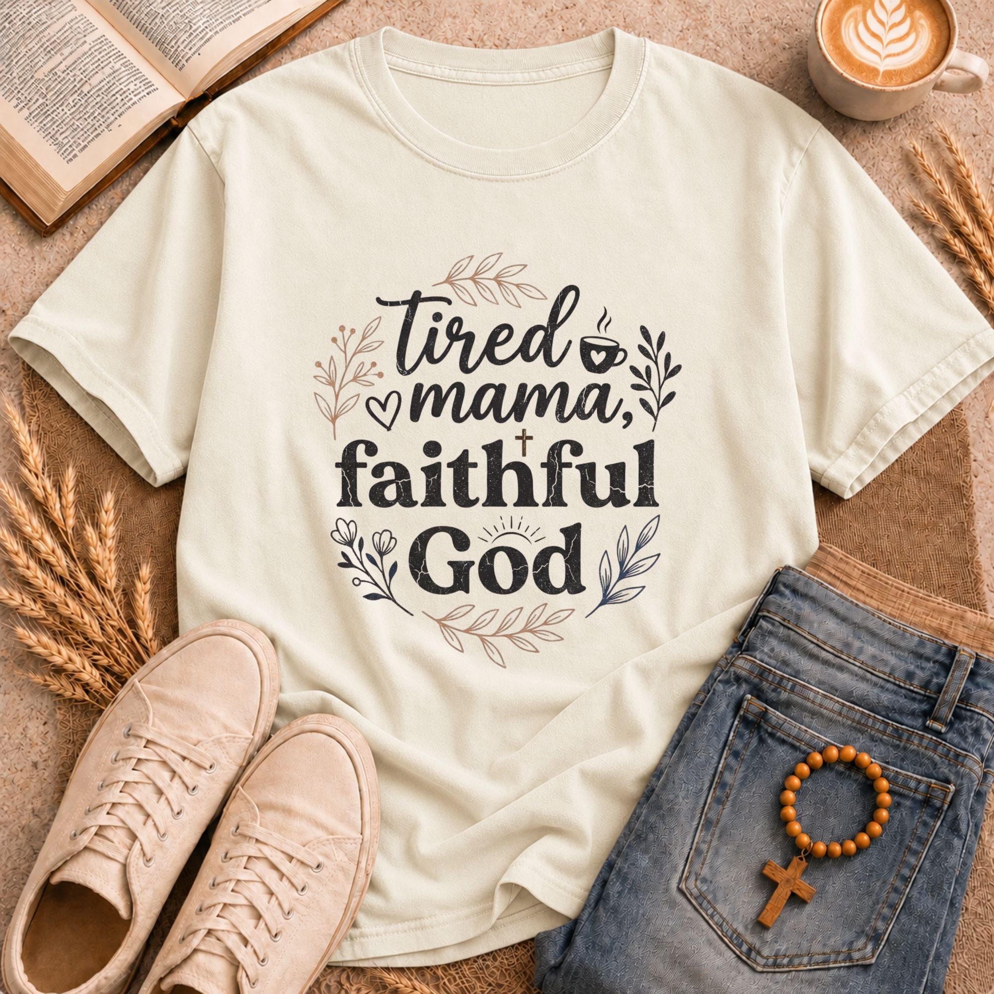 Tired Mama Faithful God faith tee – inspirational women's Christian mom shirt with botanical graphic