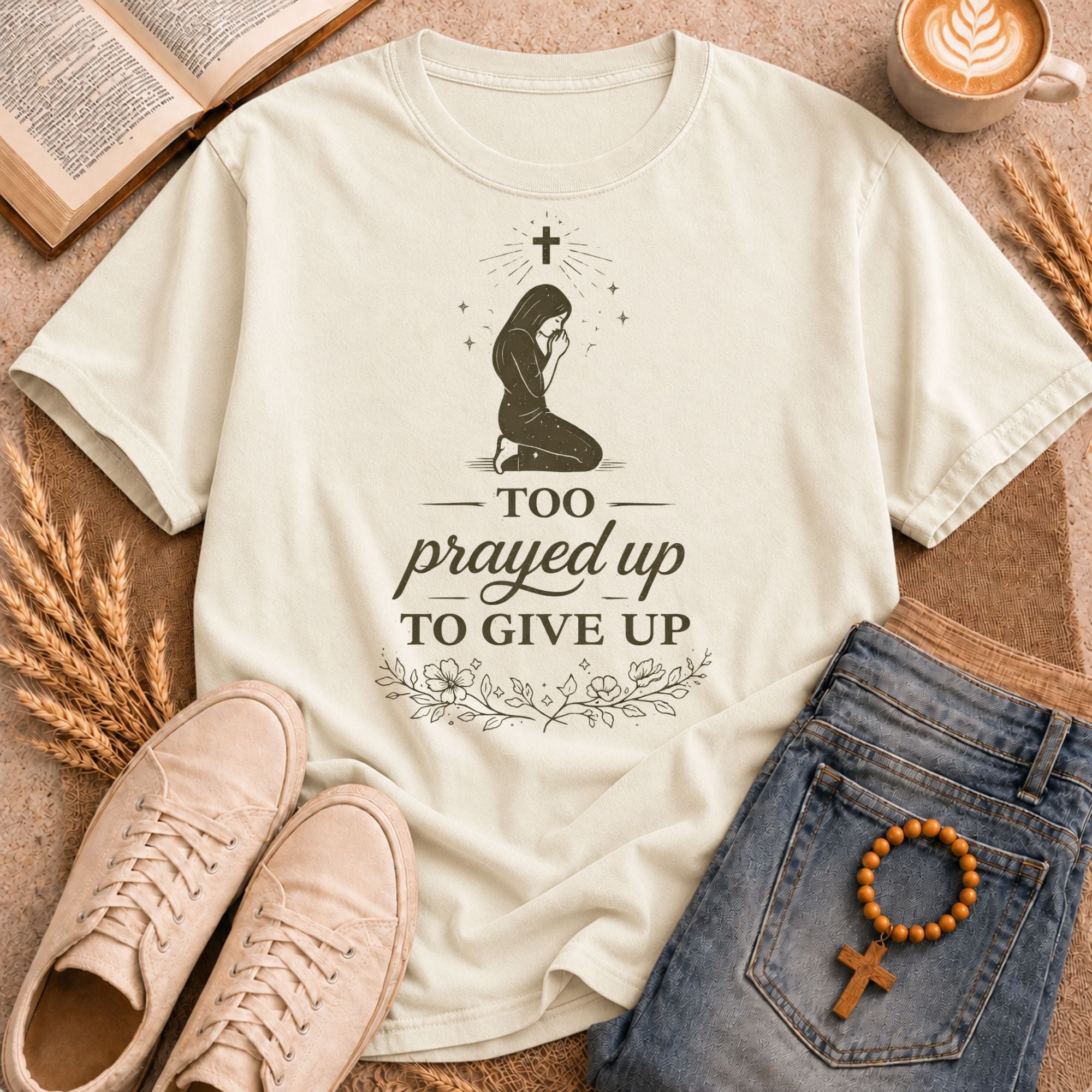 Too Prayed Up To Give Up faith tee – inspirational women's Christian scripture shirt with prayer graphic