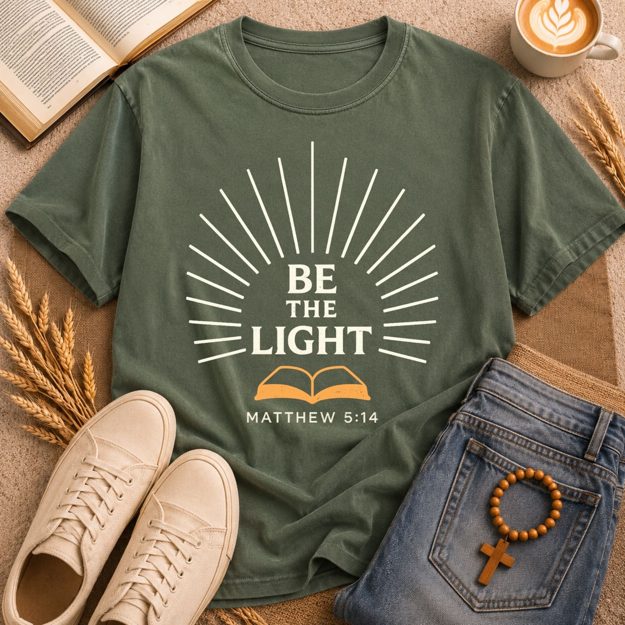 Religious faith-based BE THE LIGHT tee Matthew 5:14 Bible verse sunburst graphic
