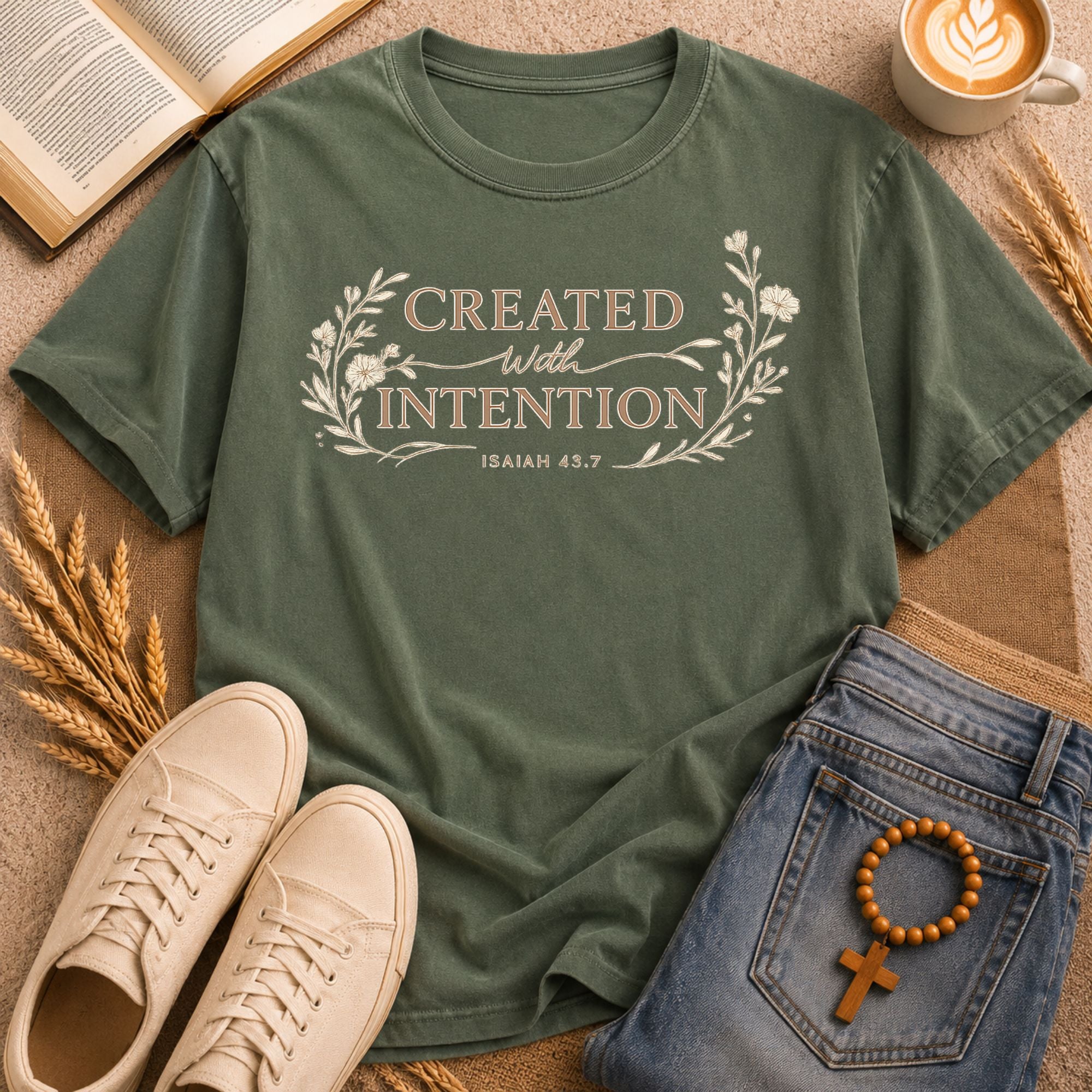 Faith t-shirt Created With Intention Isaiah 43:7 botanical floral frame gold script Christian scripture design