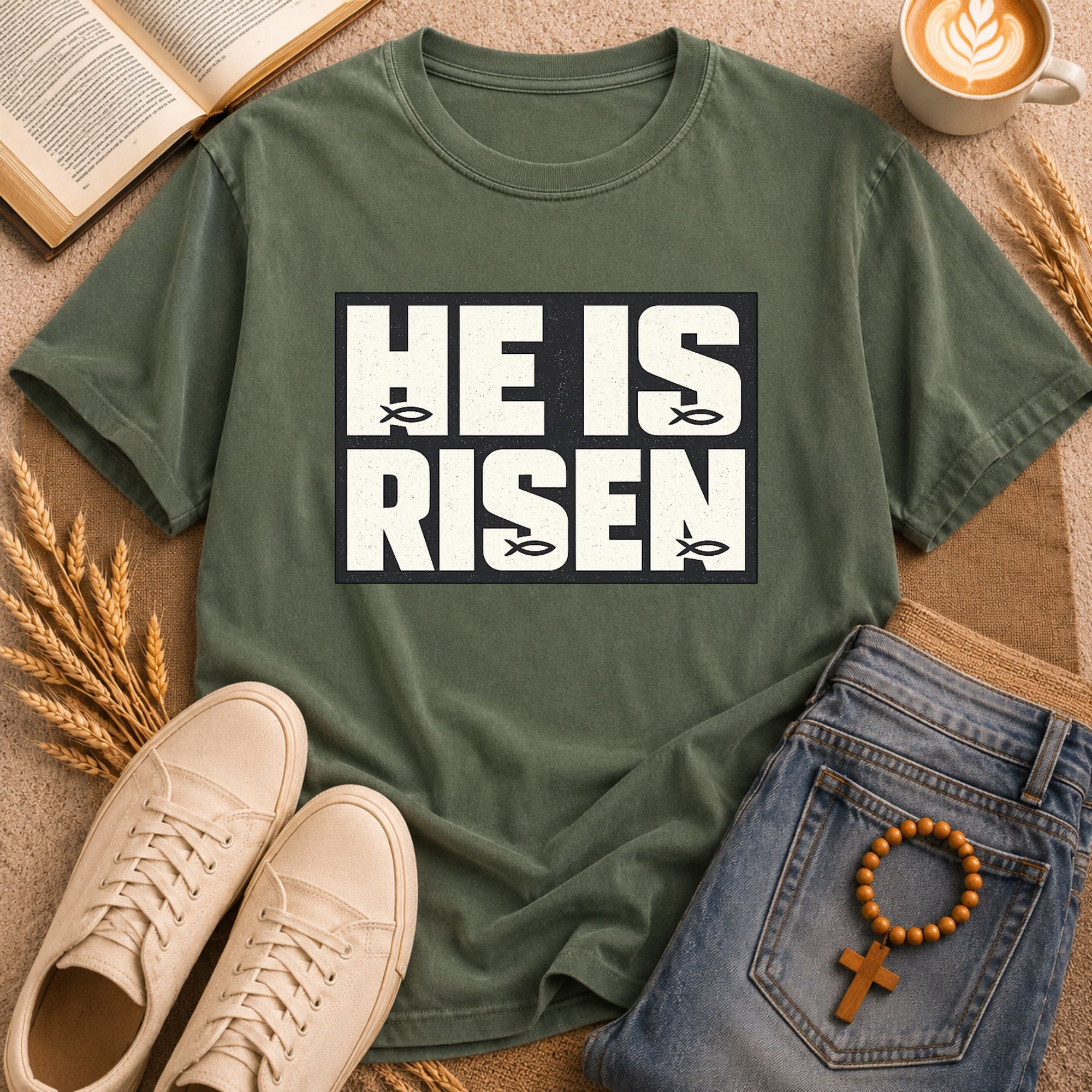 He Is Risen resurrection Christian t-shirt bold lettering butterfly Easter graphic