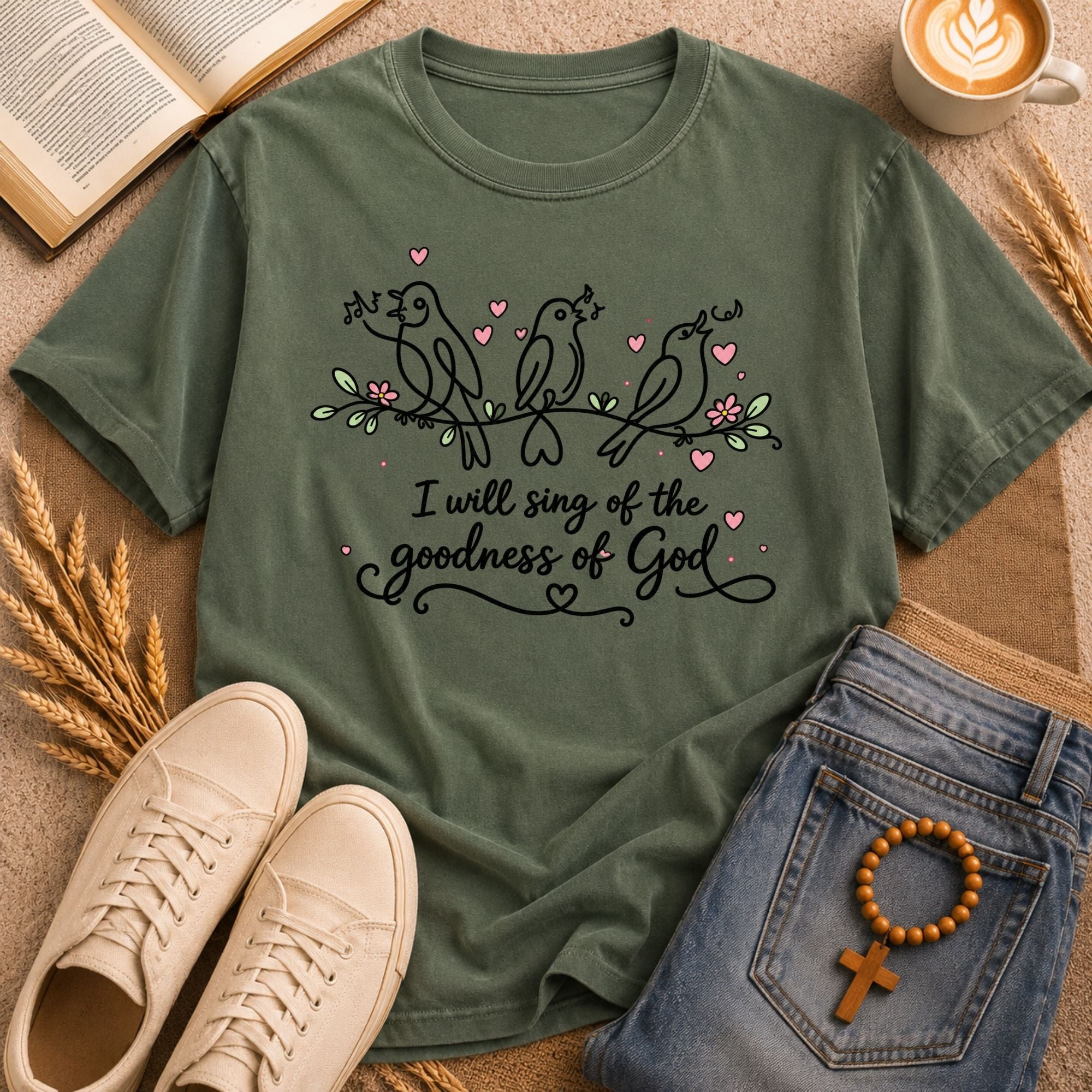 I Will Sing of the Goodness of God cursive script birds hearts Christian women's shirt