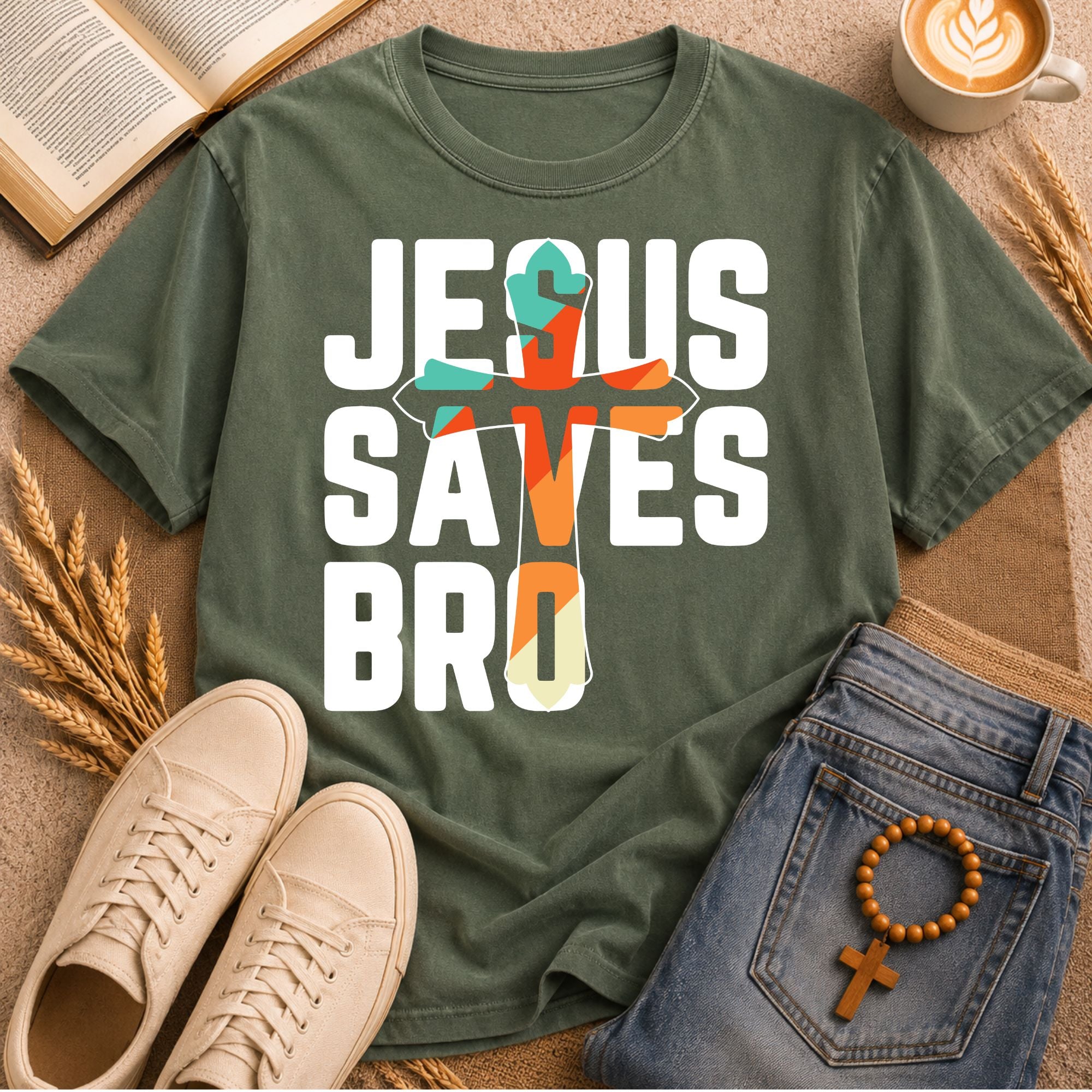 Colorful cross Jesus Saves Bro graphic shirt – modern bold Christian faith apparel unisex tee