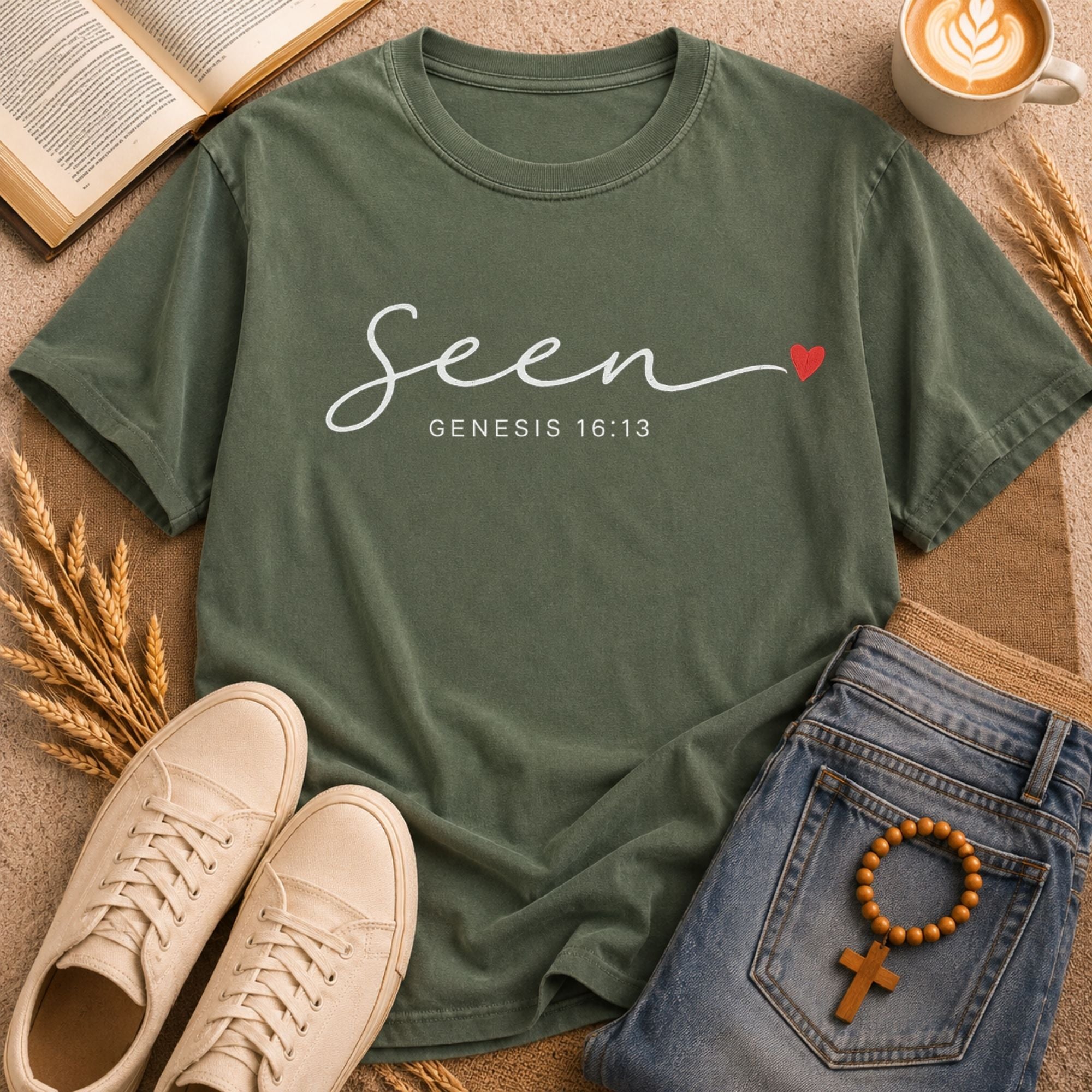 Genesis 16:13 Seen You Are Seen Christian T-Shirt with Red Heart