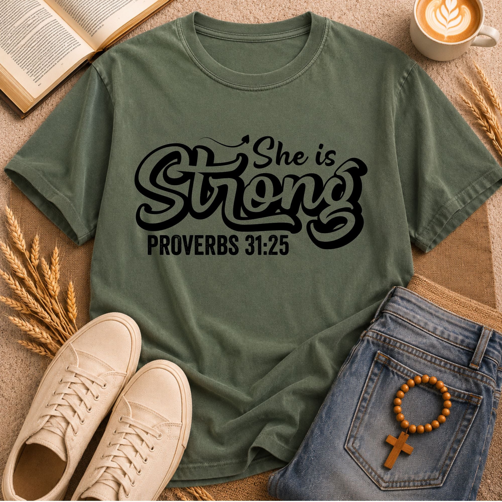 She Is Strong Religious Gift T-Shirt Proverbs 31:25 Women's Bible Verse Tee