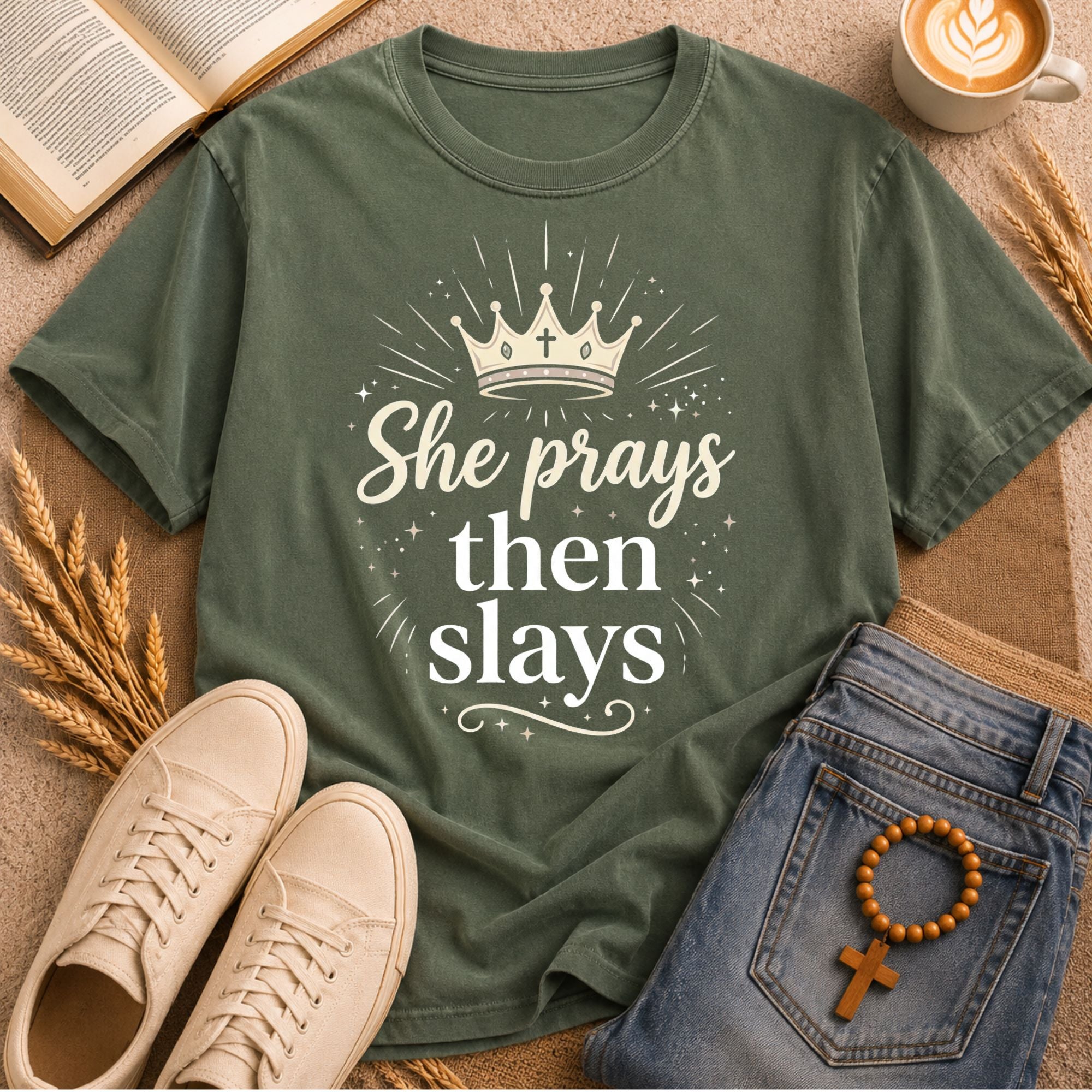 She Prays Then Slays women's shirt – empowering Christian prayer tee with crown design