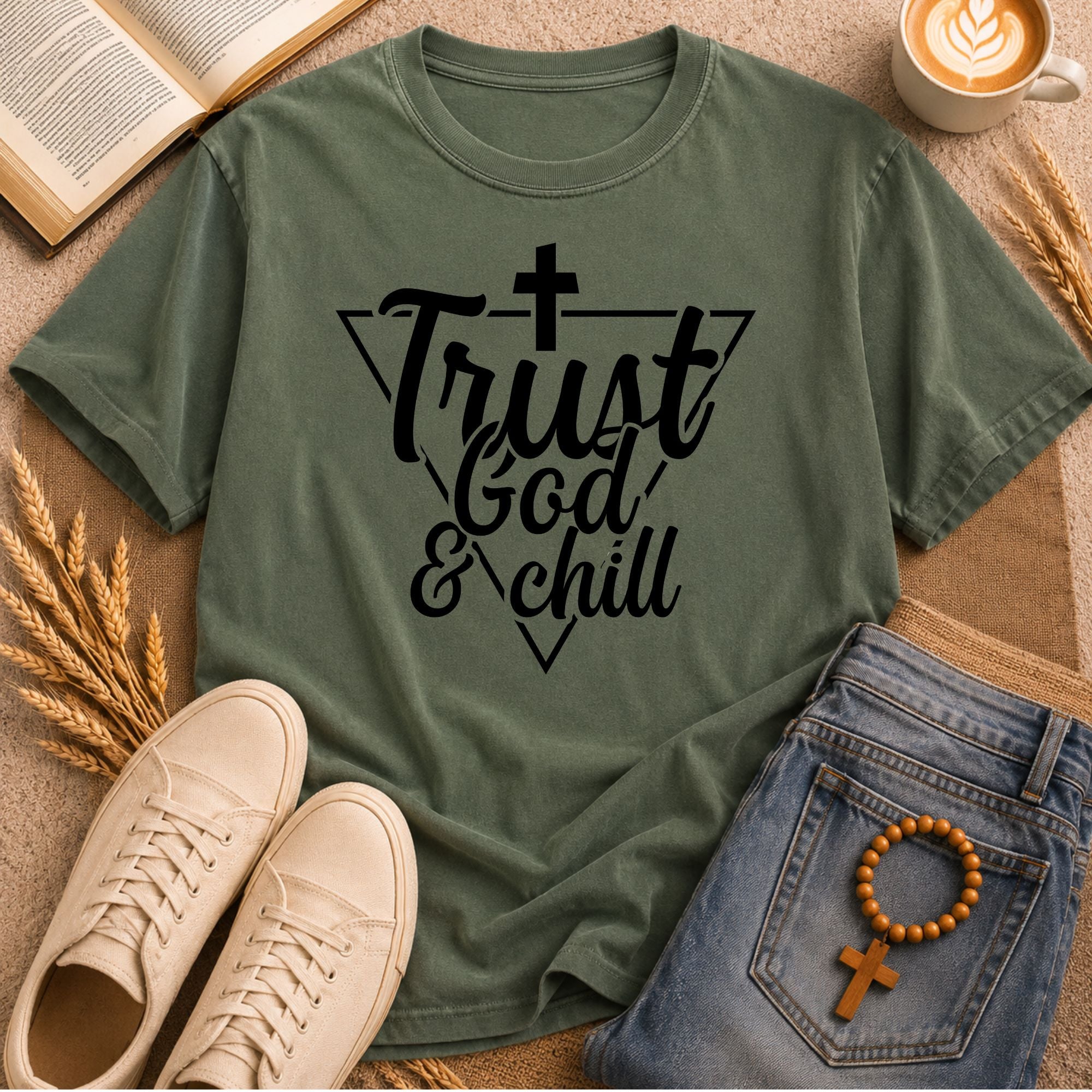 Trust God & Chill T-Shirt Religious Faith Triangle Cross Design Tee