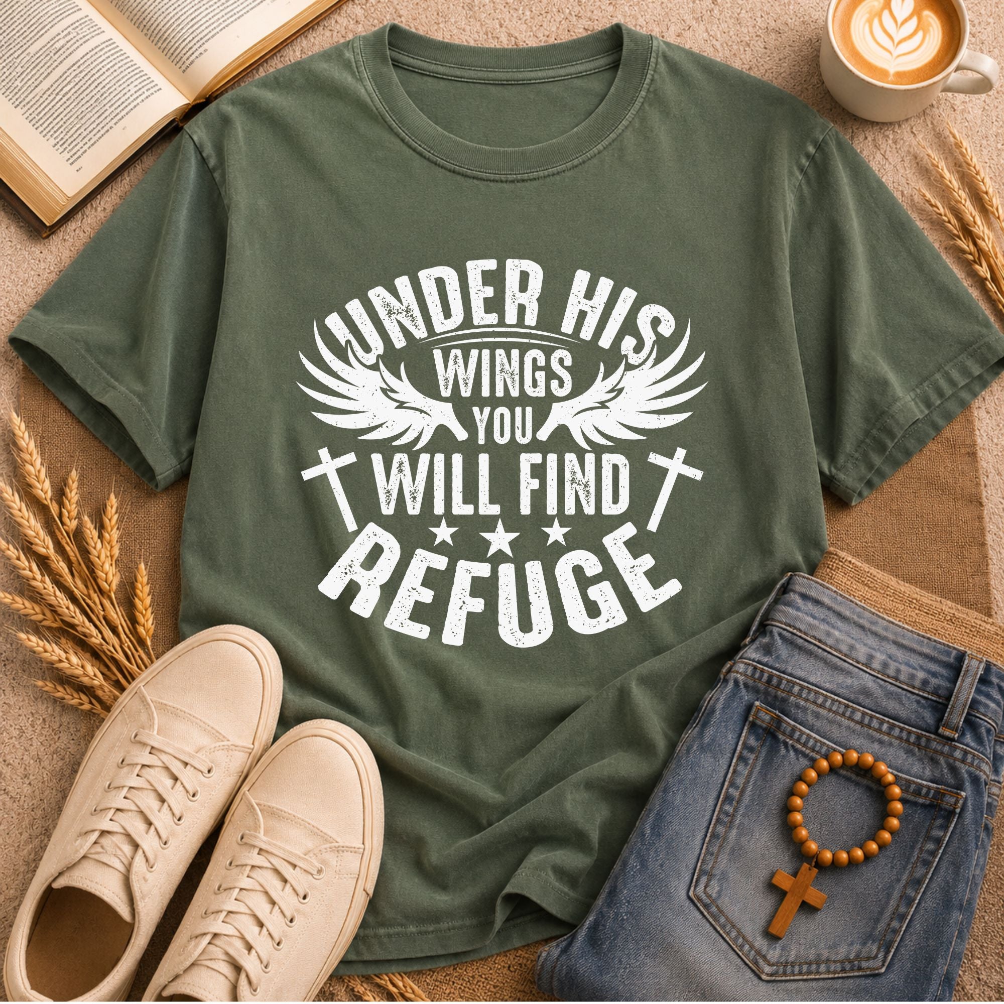 Christian Scripture T-Shirt Under His Wings Refuge Psalm 91 Faith Graphic Tee