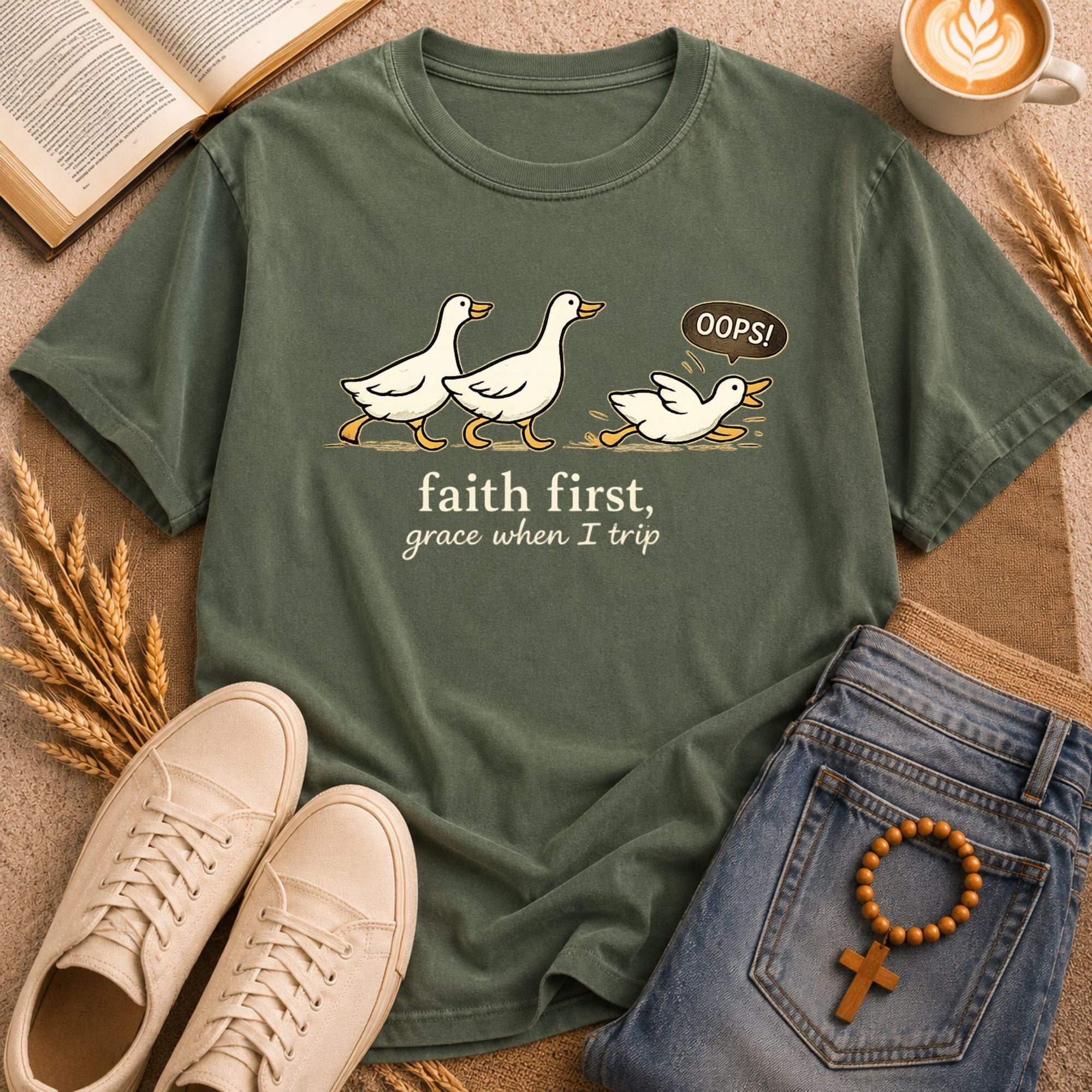 Clumsy duck "Oops" Christian sweatshirt – faith first funny religious humor graphic tee